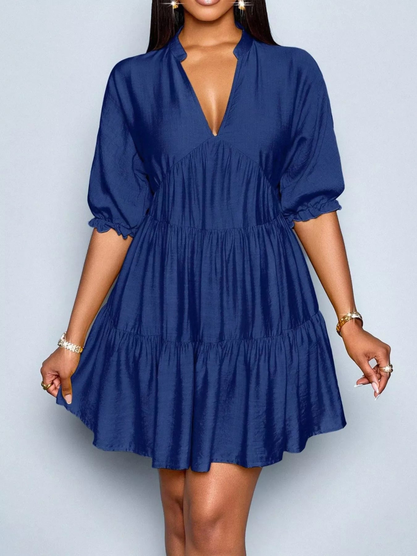 Notched Half Sleeve Tiered Dress