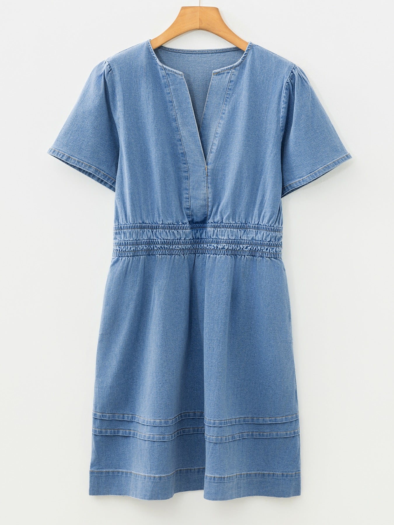 Notched Short Sleeve Denim Dress