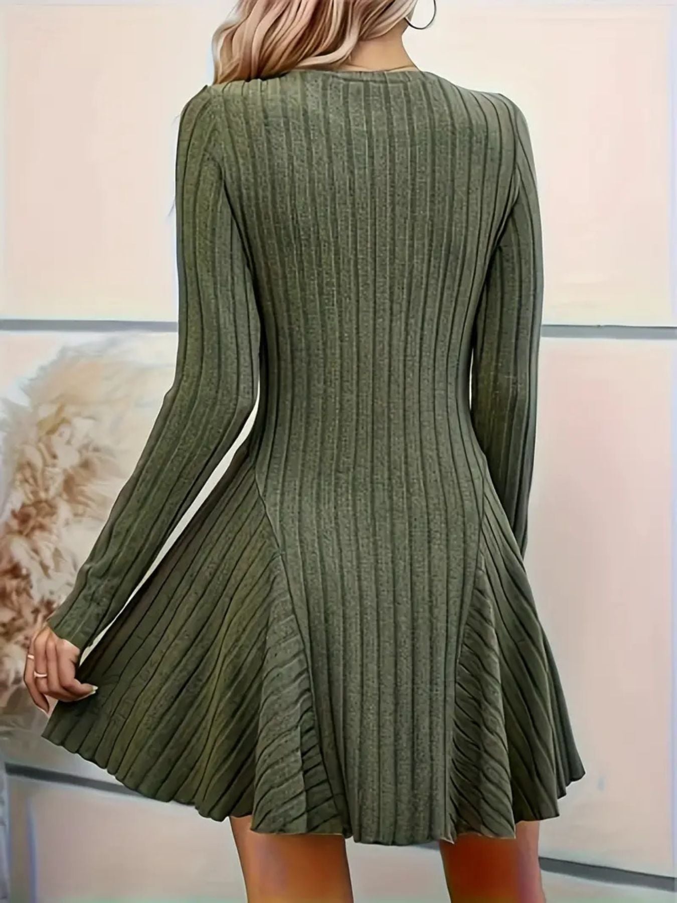 Ribbed Knit Long Sleeve A-Line Dress