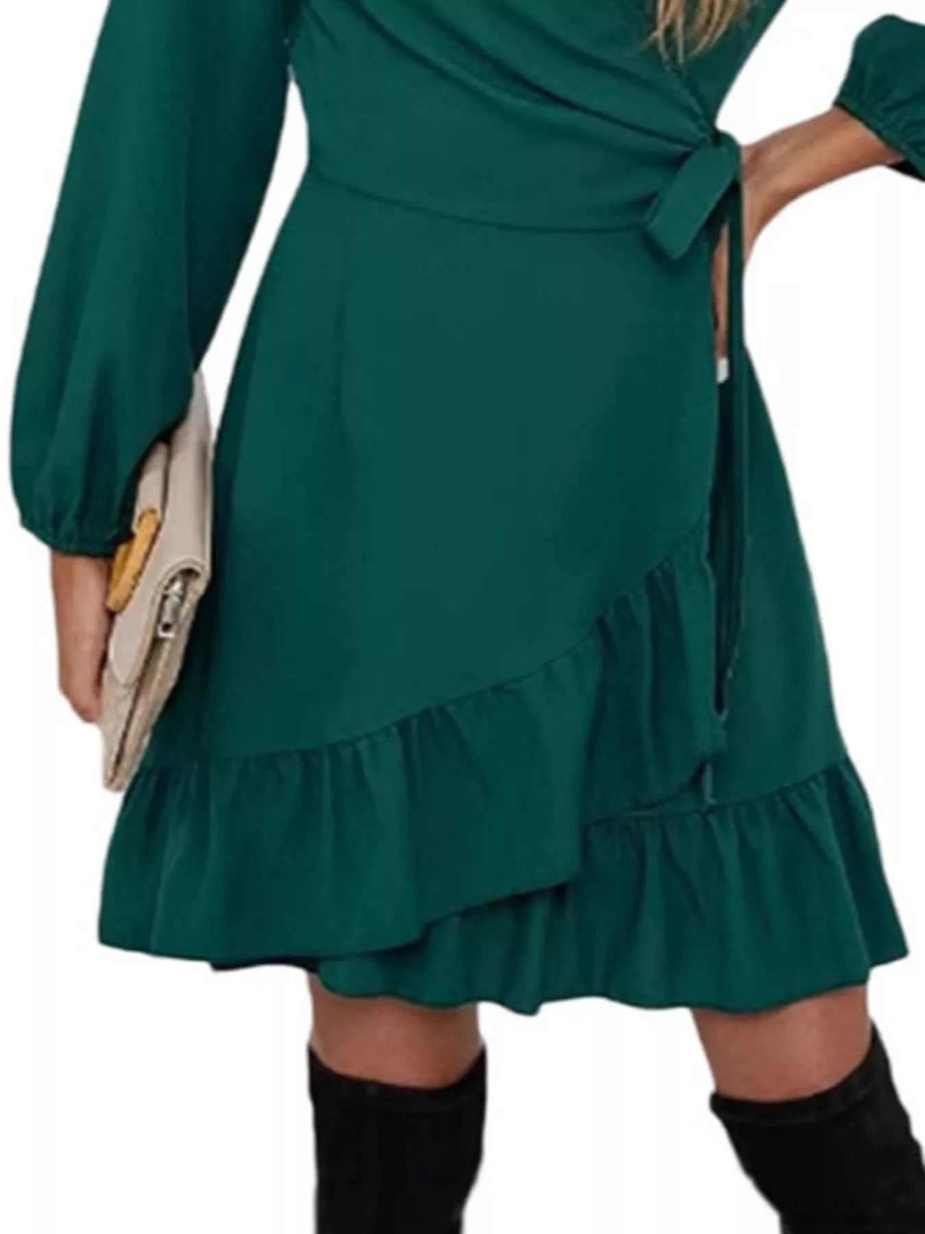 Ruffle Hem Long Sleeve Wrap Dress