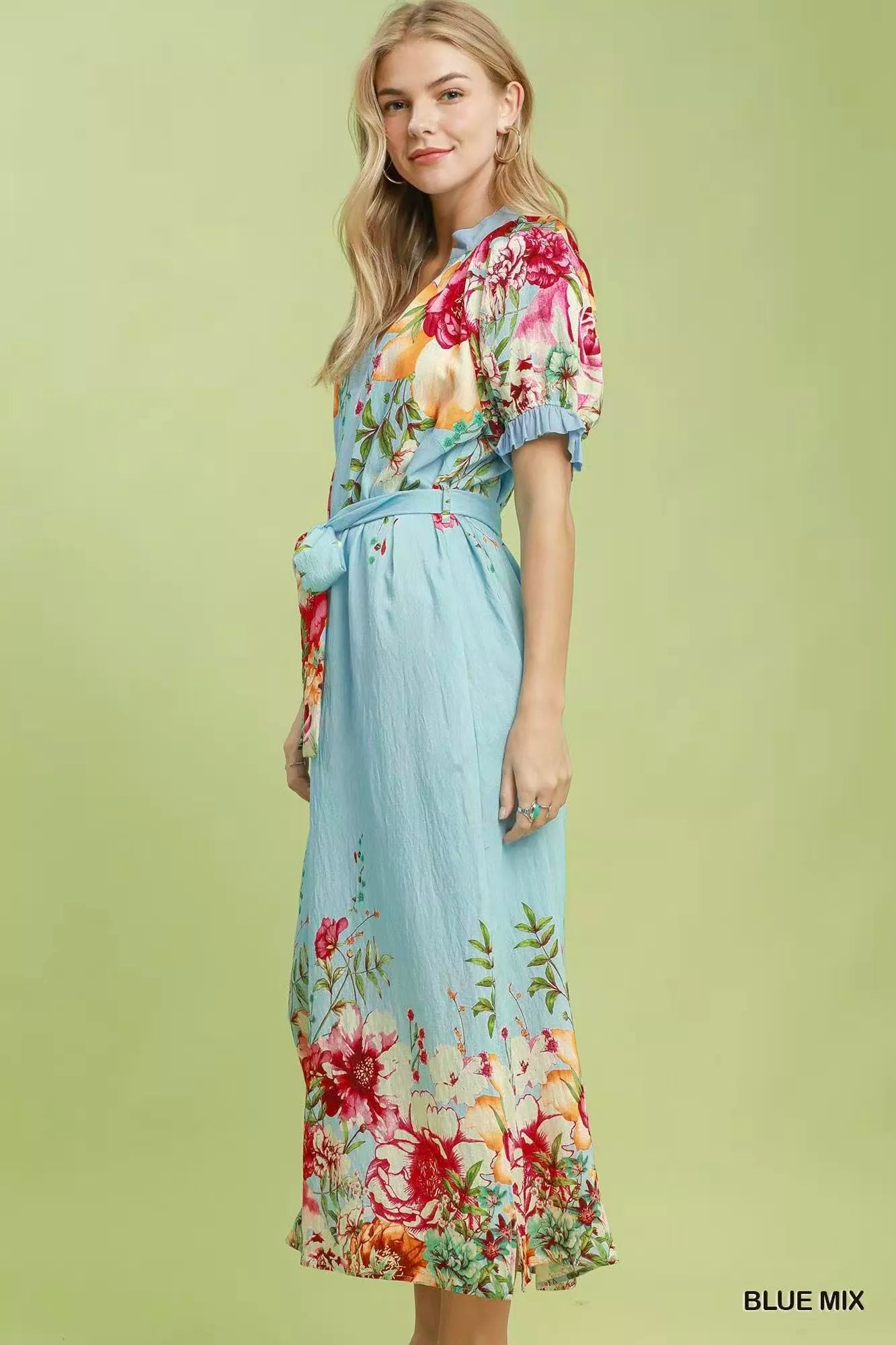 Umgee Mix Floral Border Print Midi Dress