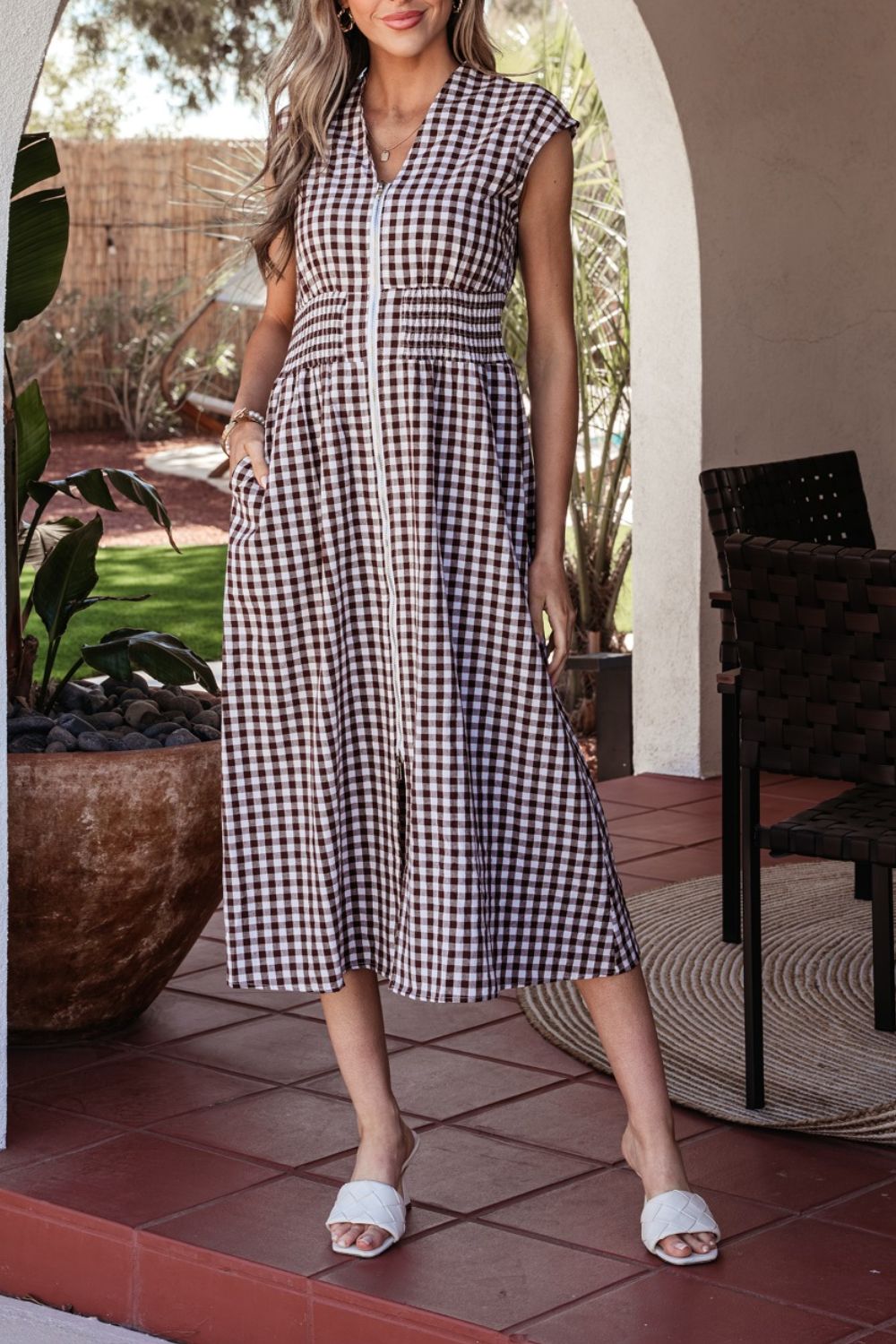 Gingham Zip-Front Midi Dress