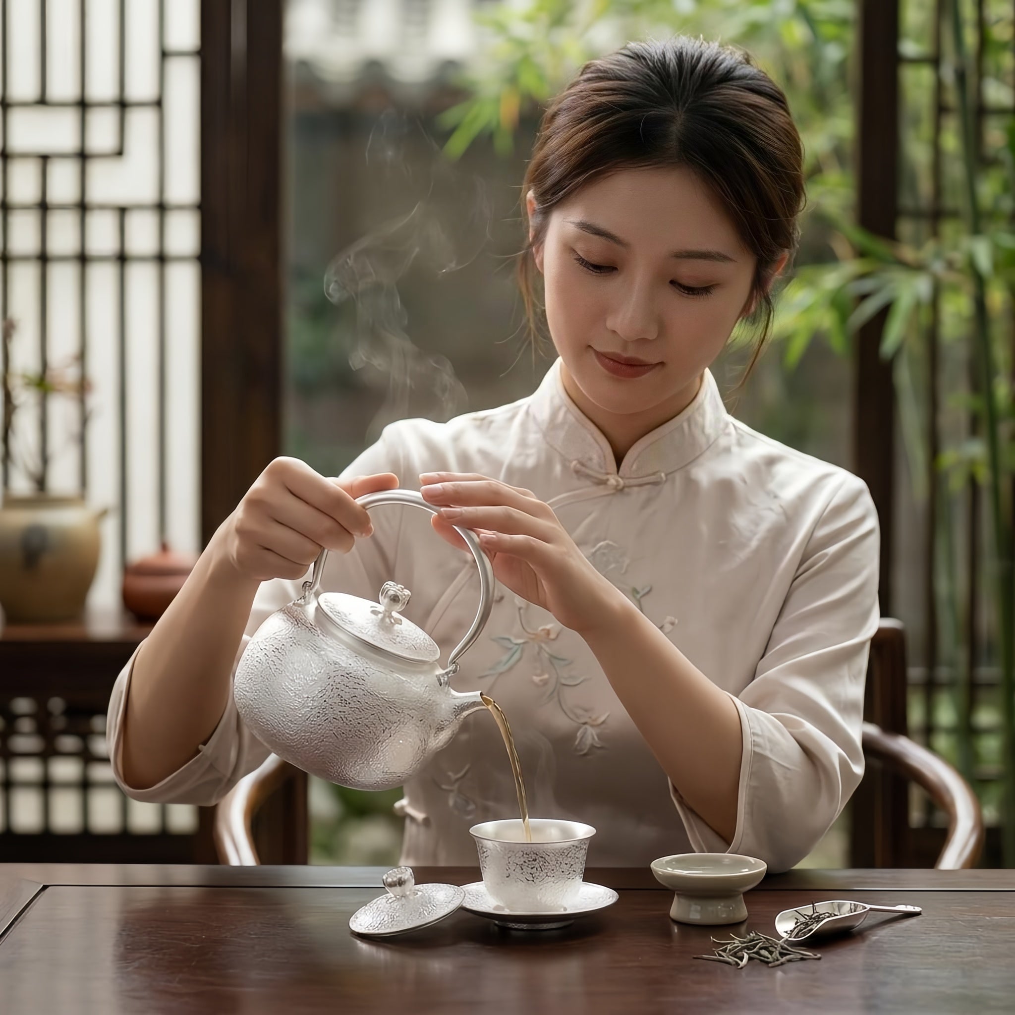 Pure 999 Fine Silver Handcrafted Fine Silver Teapot with Hammered Texture and Elegant Arched Handle - Handicraft