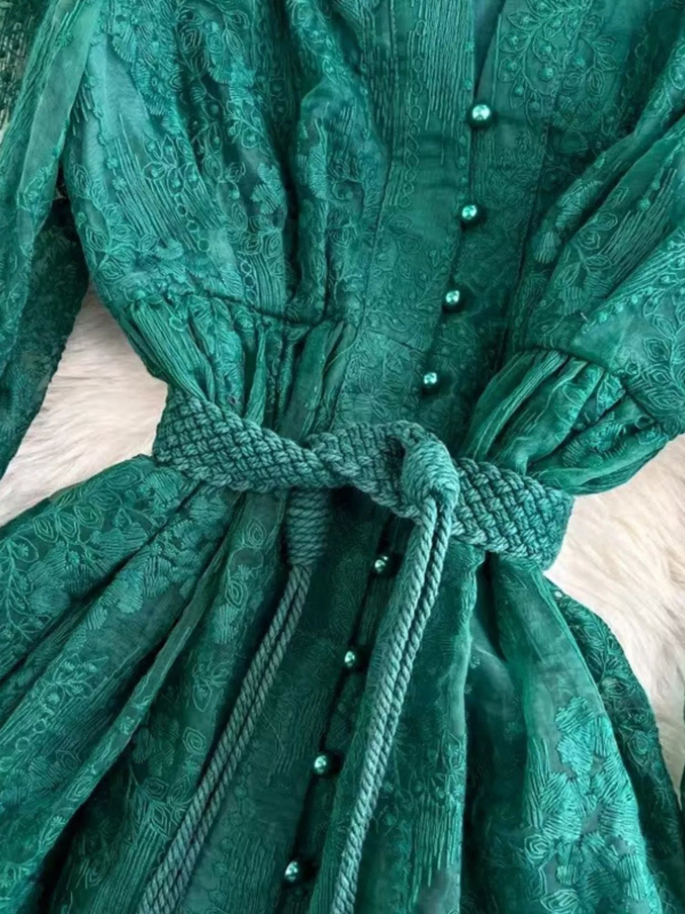Lace Tie Waist Long Sleeve Dress