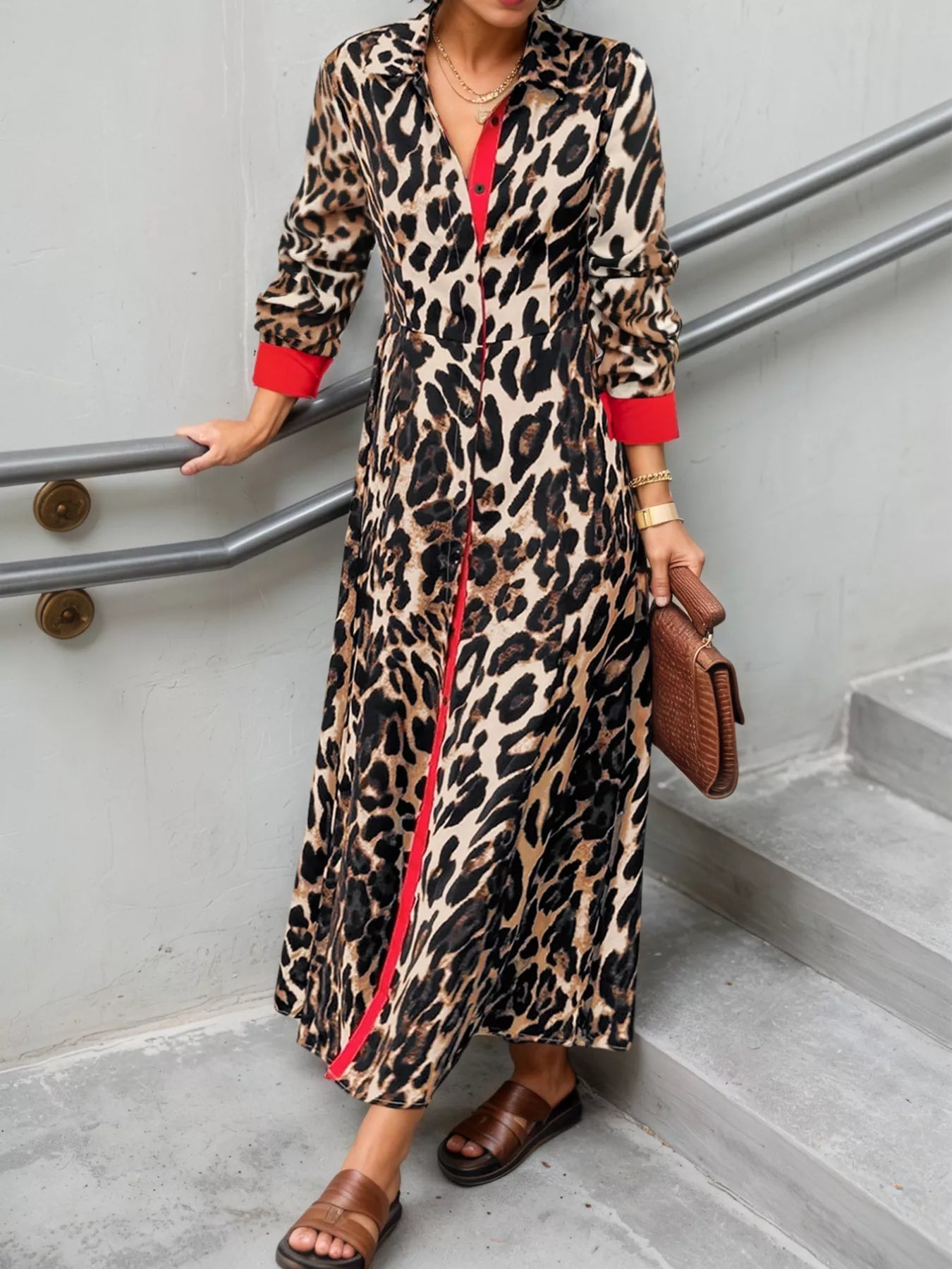 Leopard Print Long Sleeve Shirt Dress with Contrast Trim