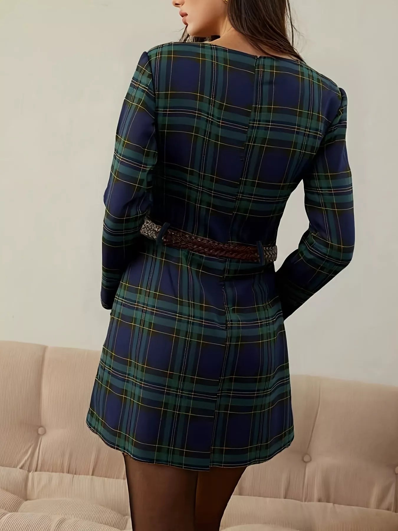 Plaid Print Long Sleeve A-Line Dress