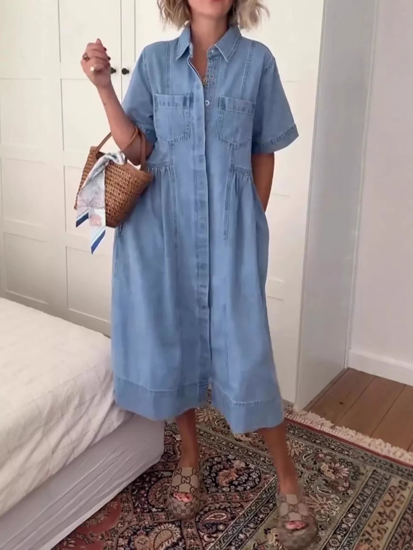 Full Size Button Front Denim Midi Dress Plus Size