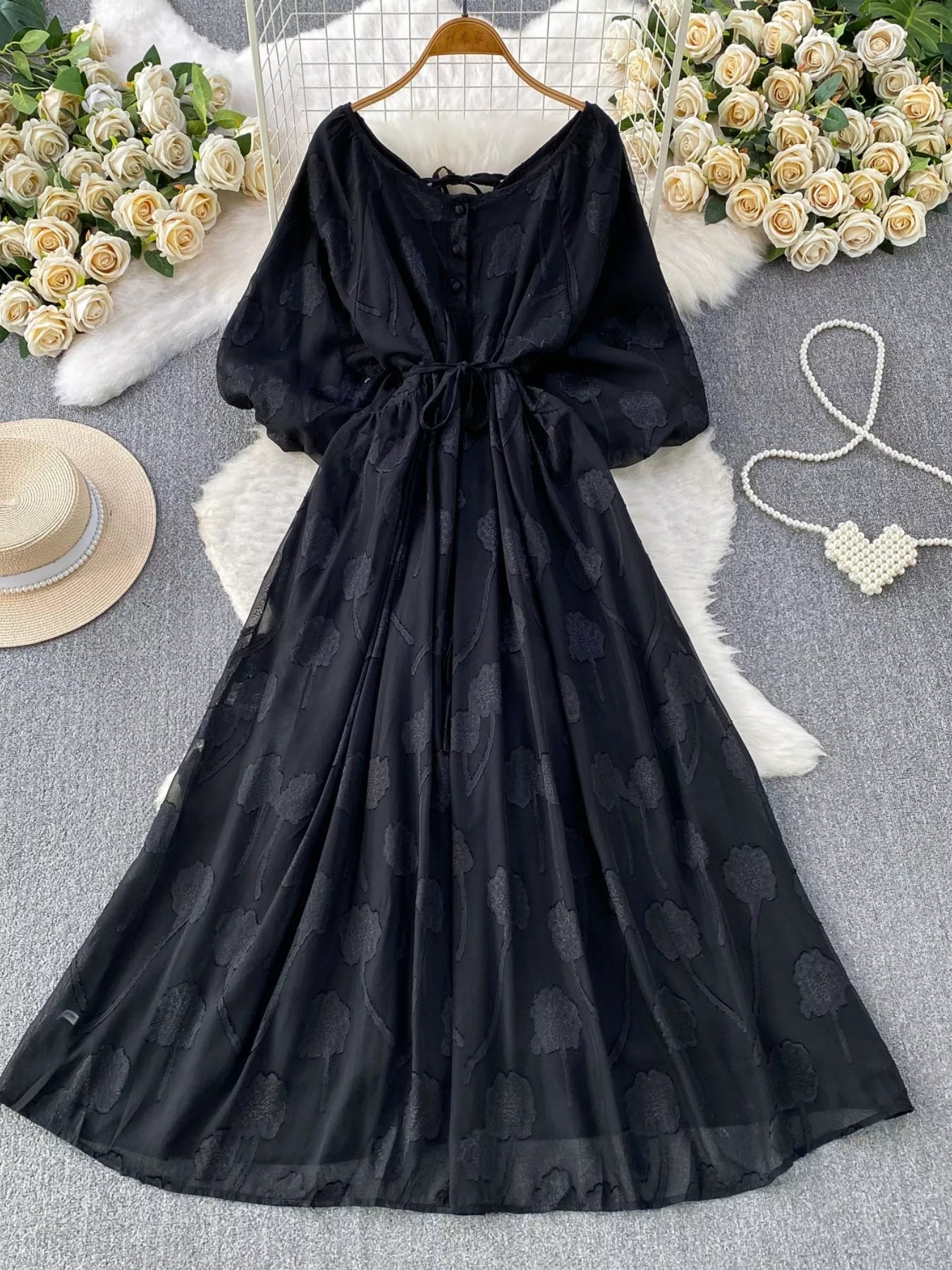 Button Front Puff Sleeve Chiffon Dress