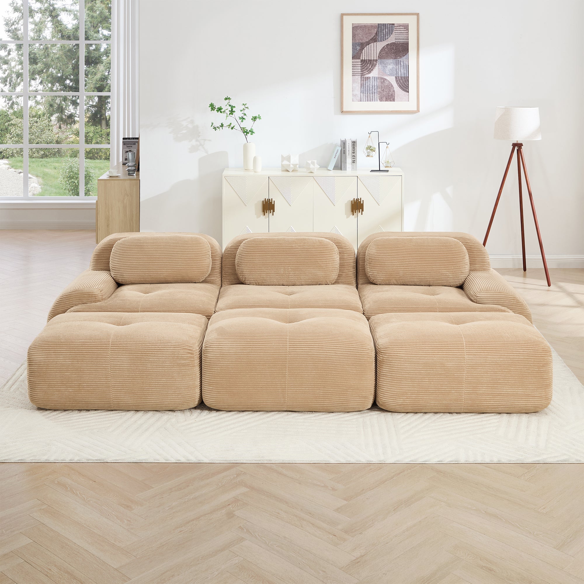 Three-Seat Modular Sofa with 3 Ottomans - Camel
