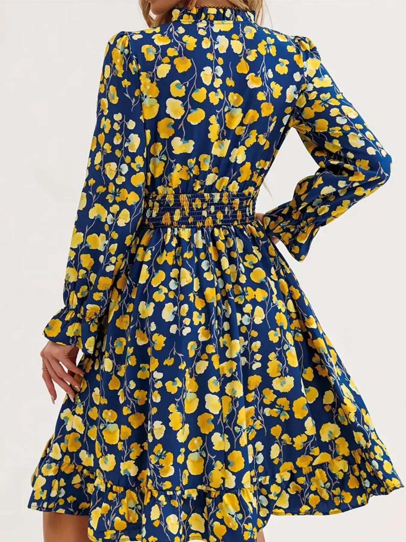 Floral Notched Flounce Sleeve Dress