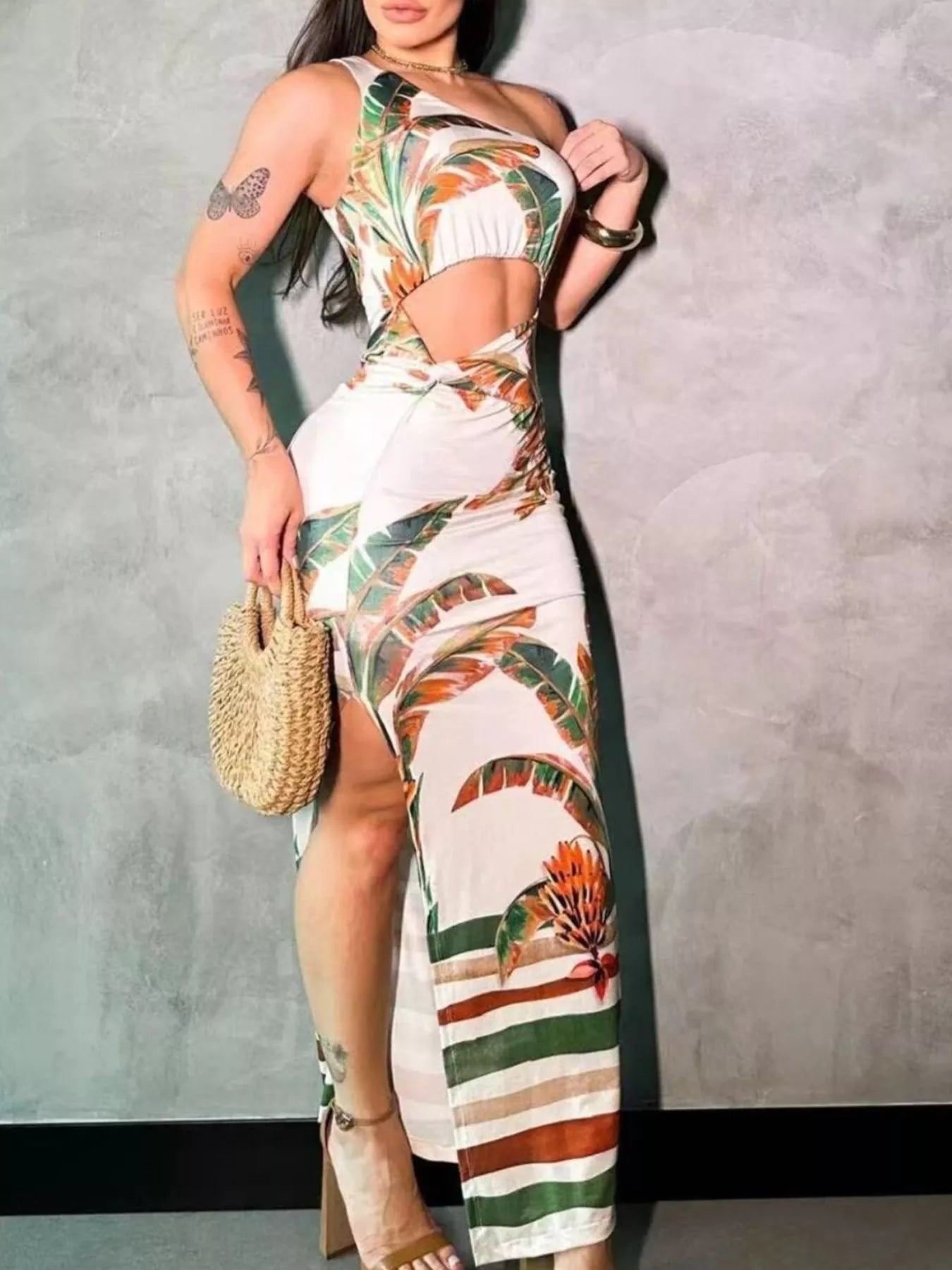 Tropical Print One-Shoulder Cut-Out Maxi Dress