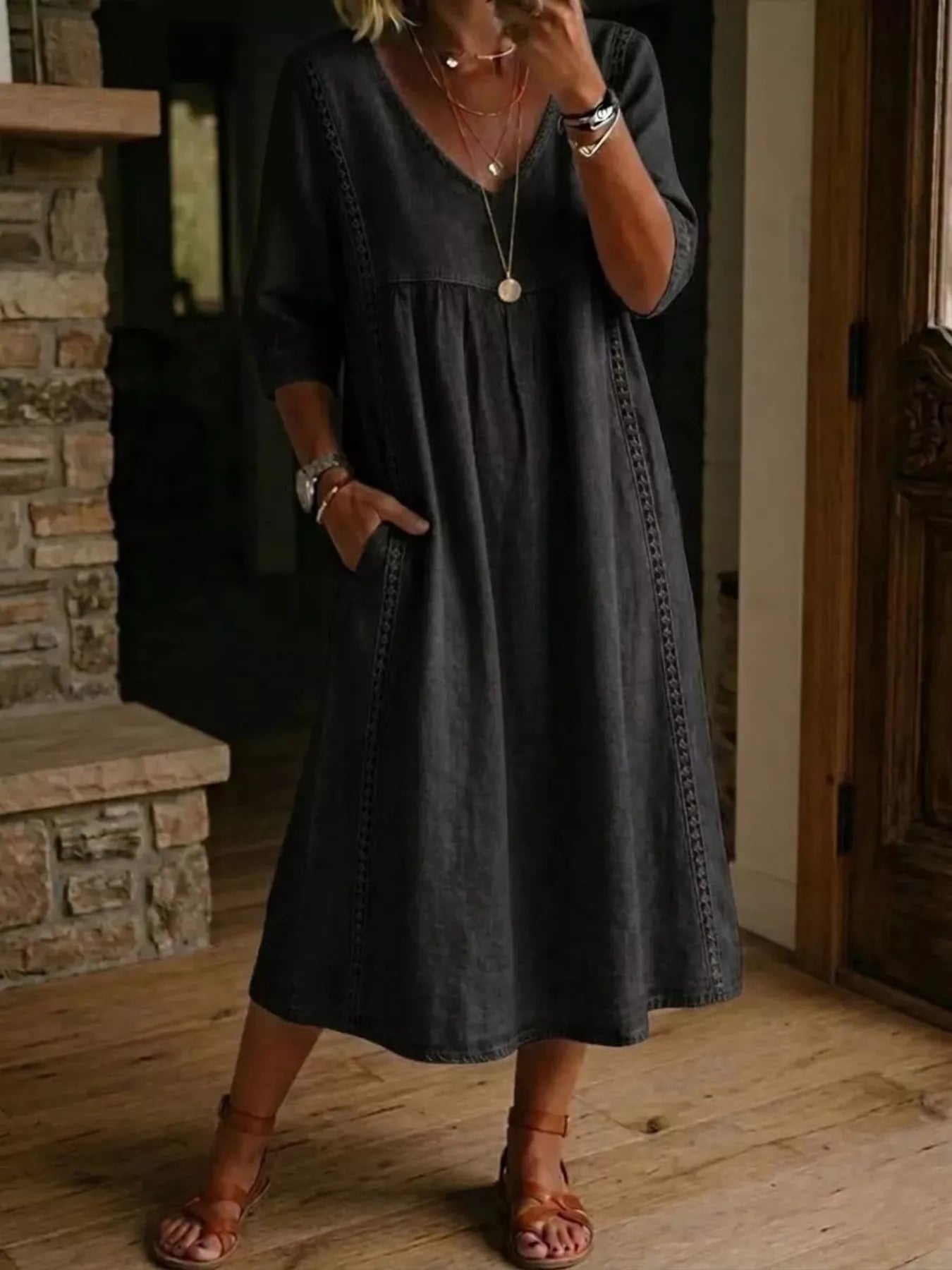 Full Size V-Neck 3/4 Sleeve Midi Dress Plus Size