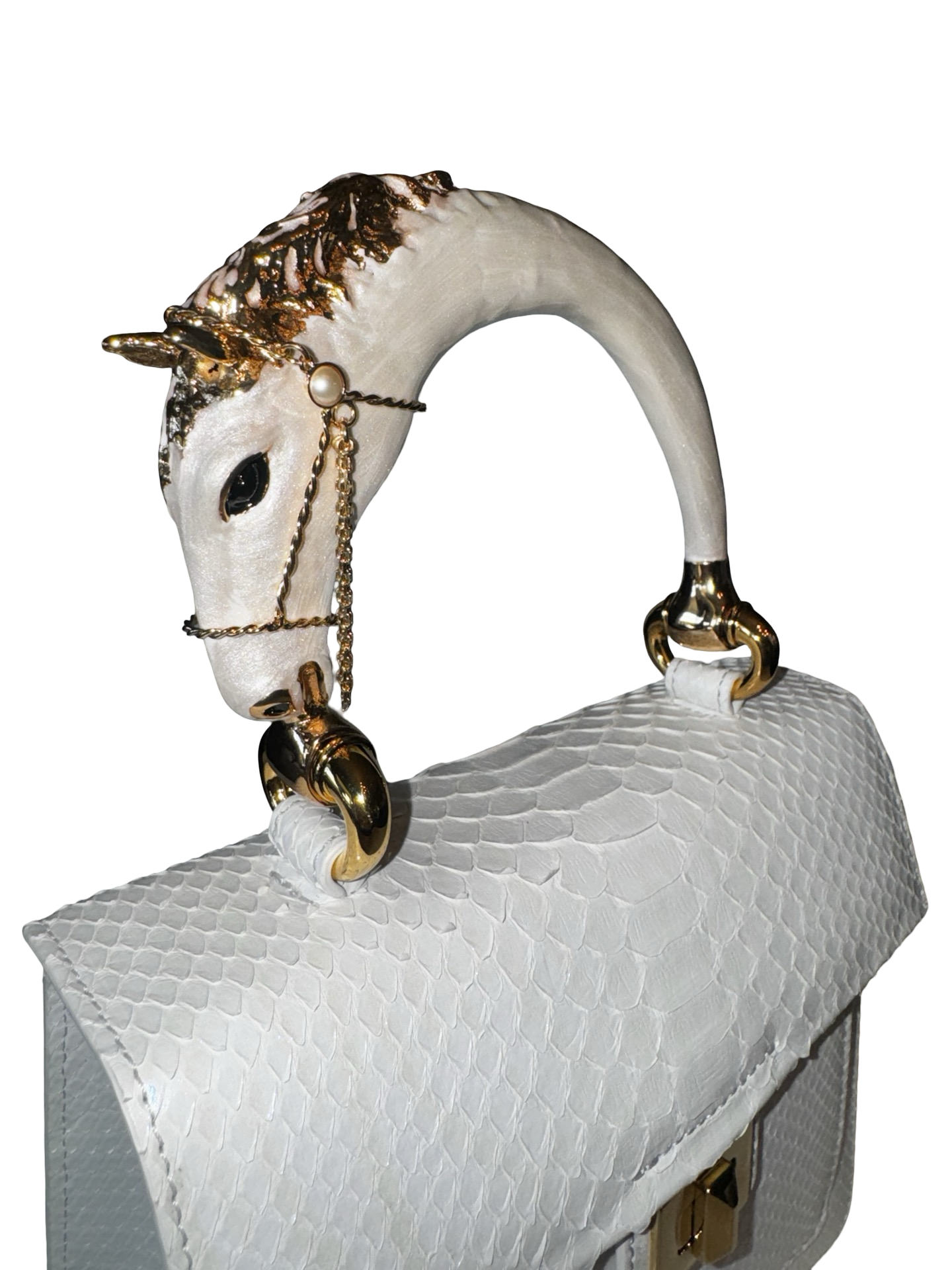 Cosmo Horse Handle Handbag In Iridescent White Python