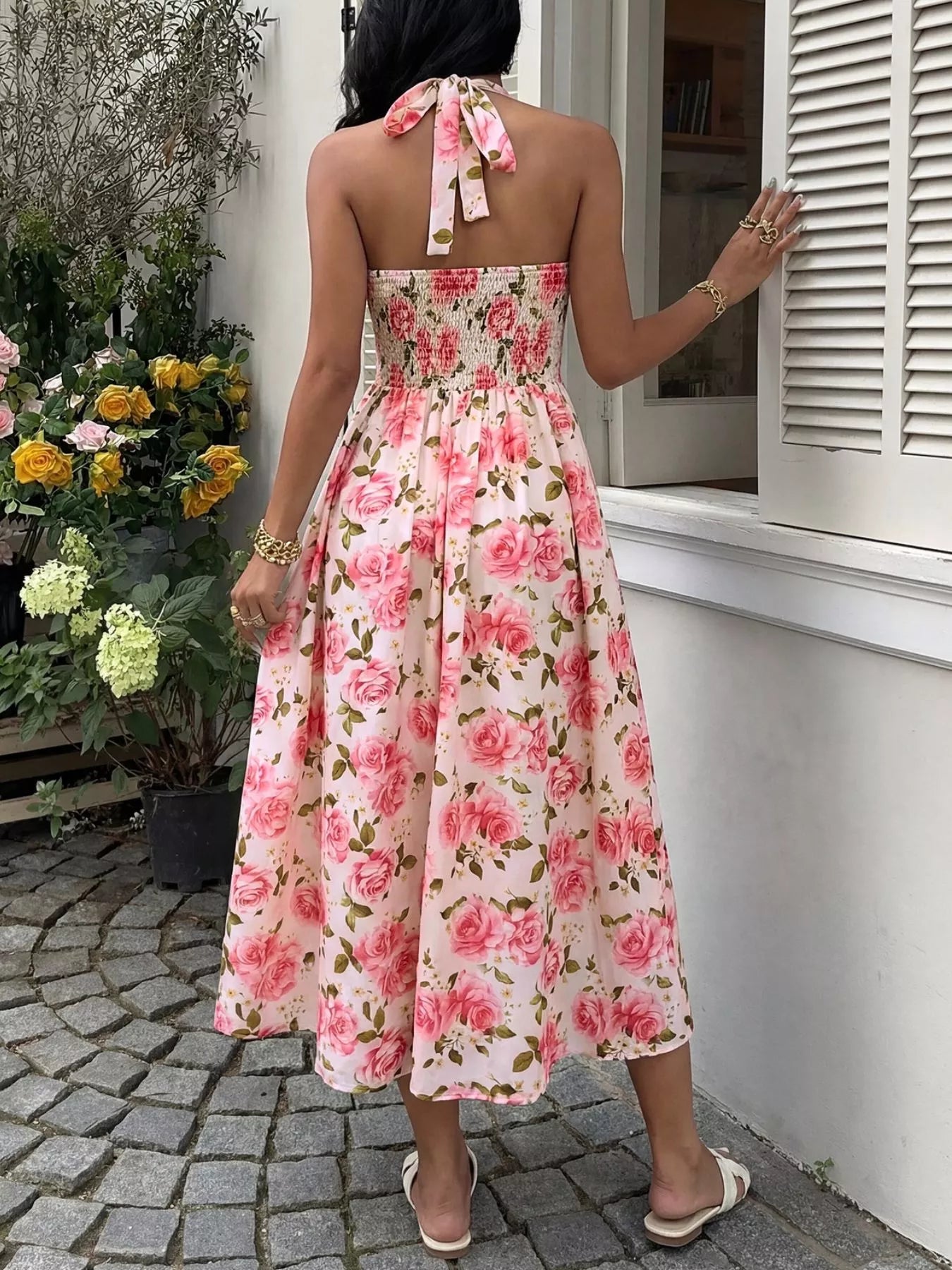 Floral Print Halter Neck Midi Dress