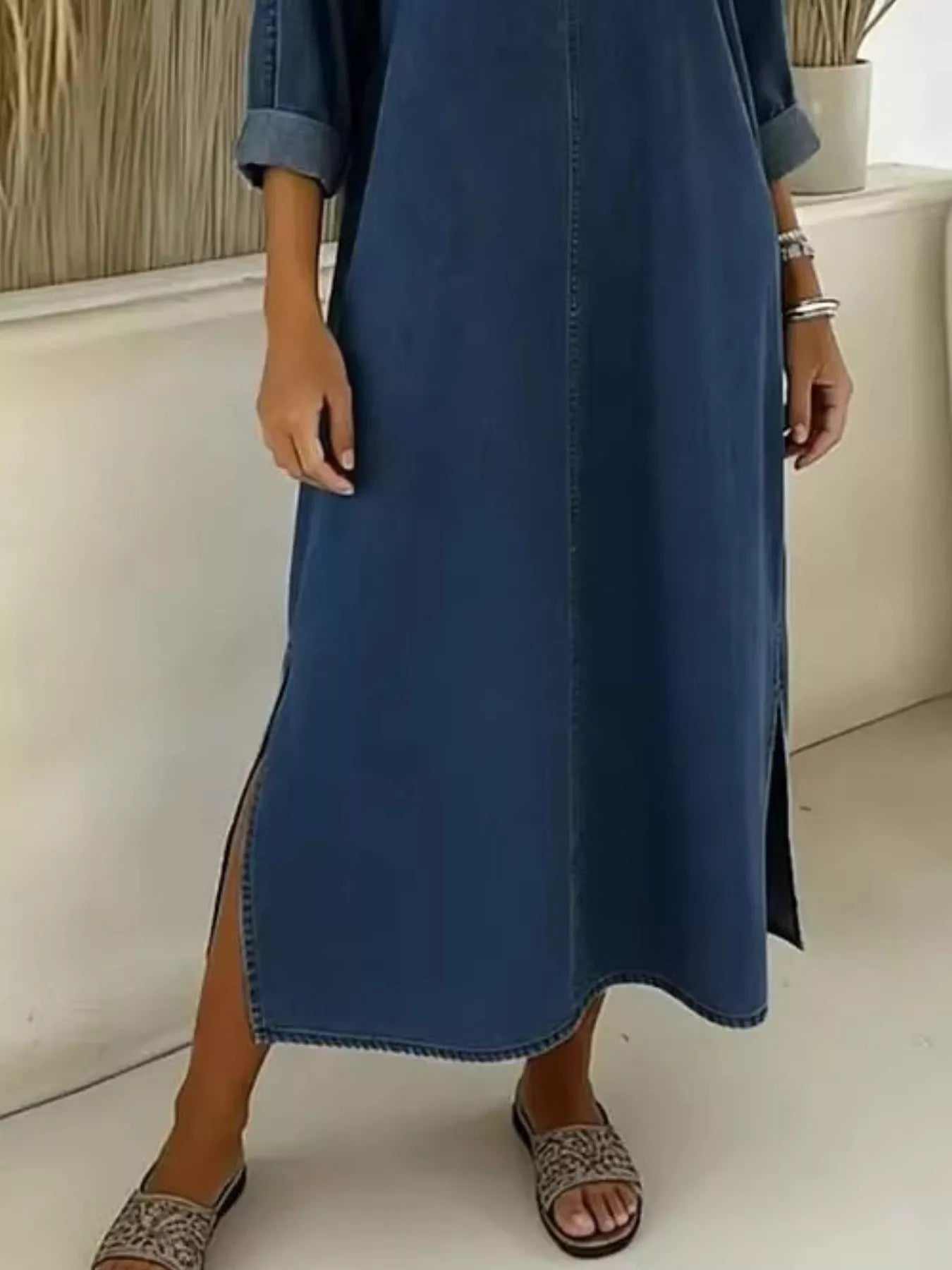 Side Slit V-Neck Midi Dress