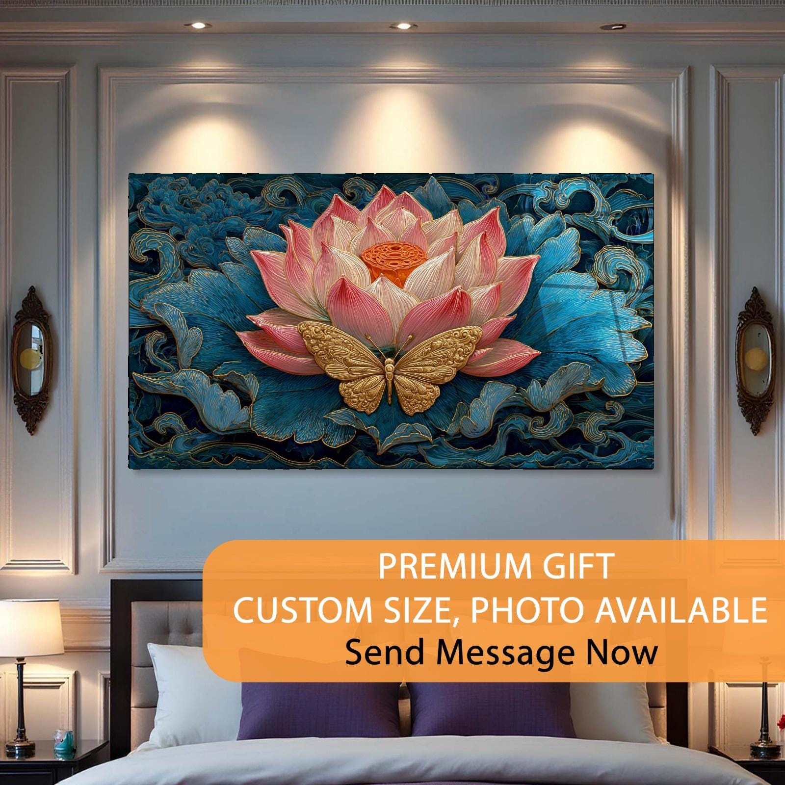 Lotus Butterfly Tempered Glass Wall Art | Asian Inspired Décor