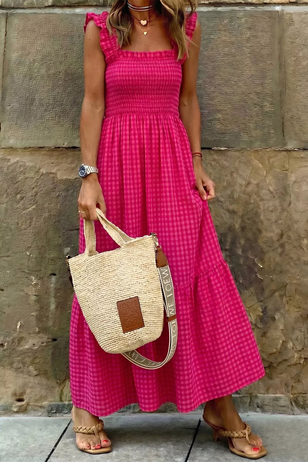 Plaid Square Neck Fit-and-flared Vacation Sundress