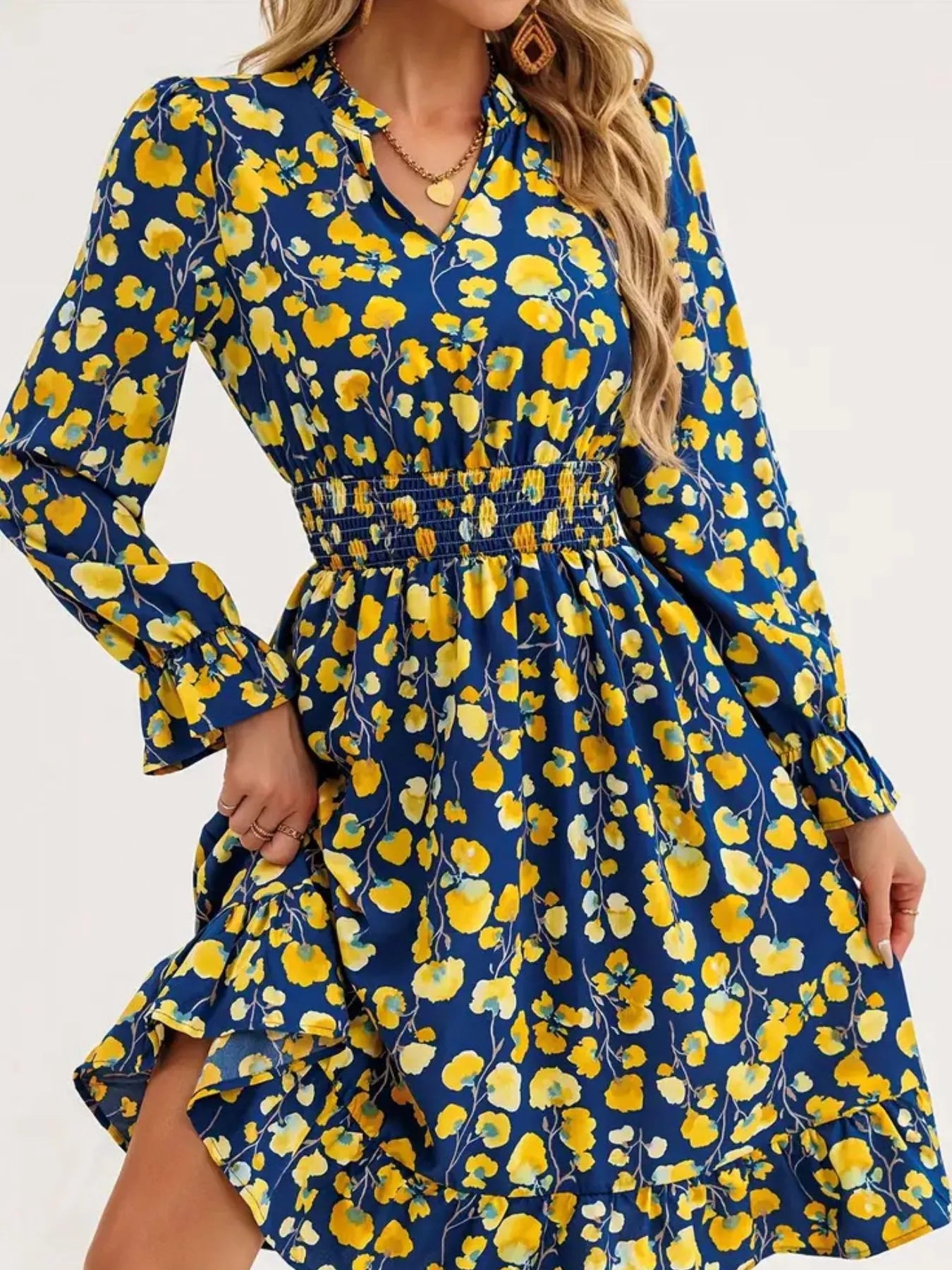 Floral Notched Flounce Sleeve Dress