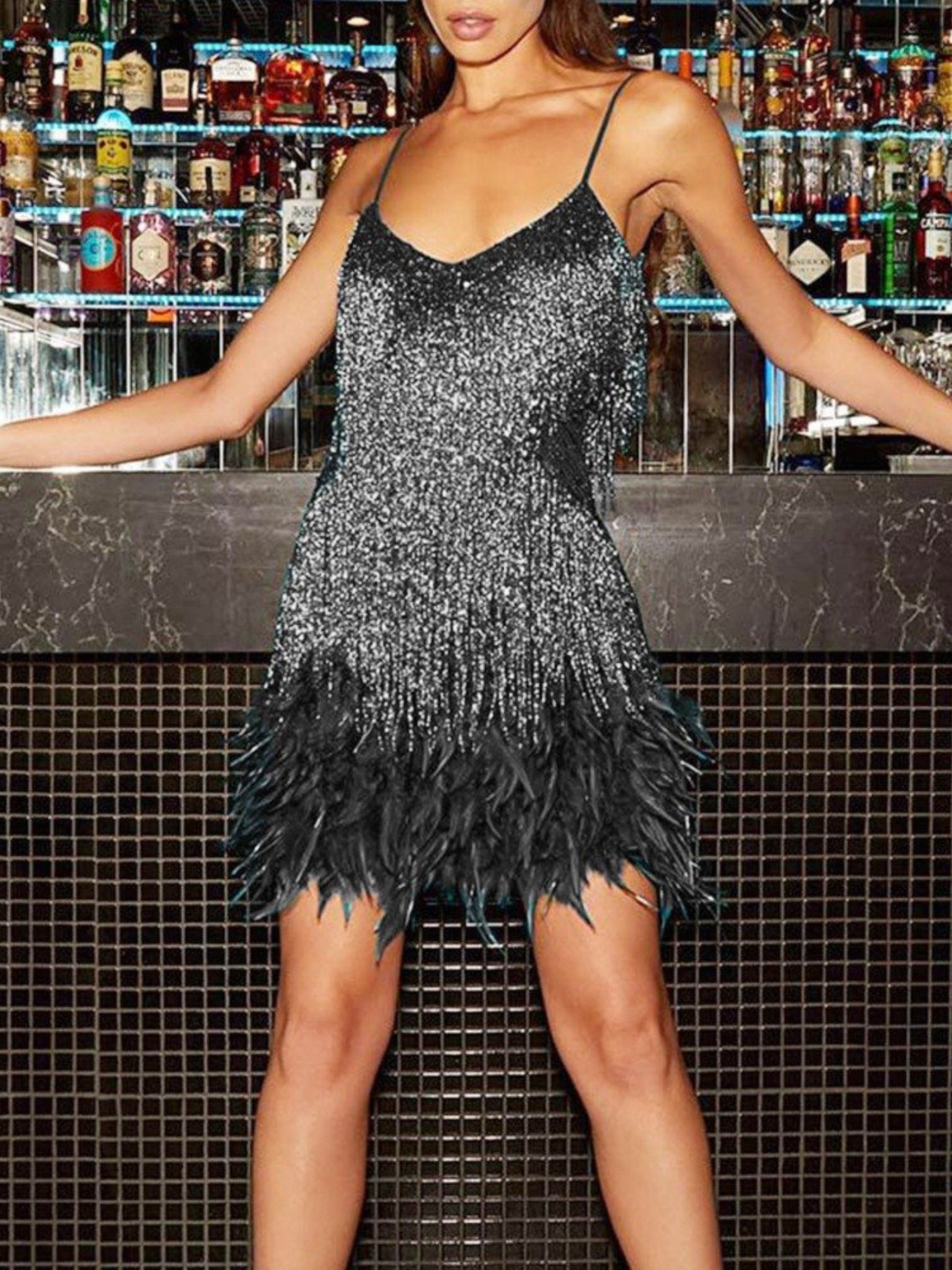Fringe Feather Hem Mini Dress