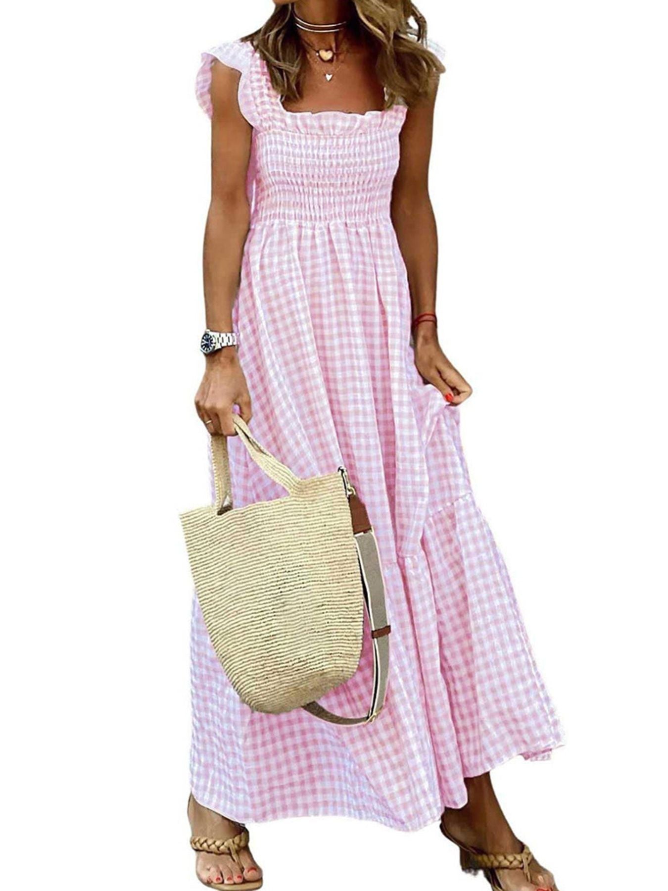 Ruffled Sleeveless Gingham Midi Dress
