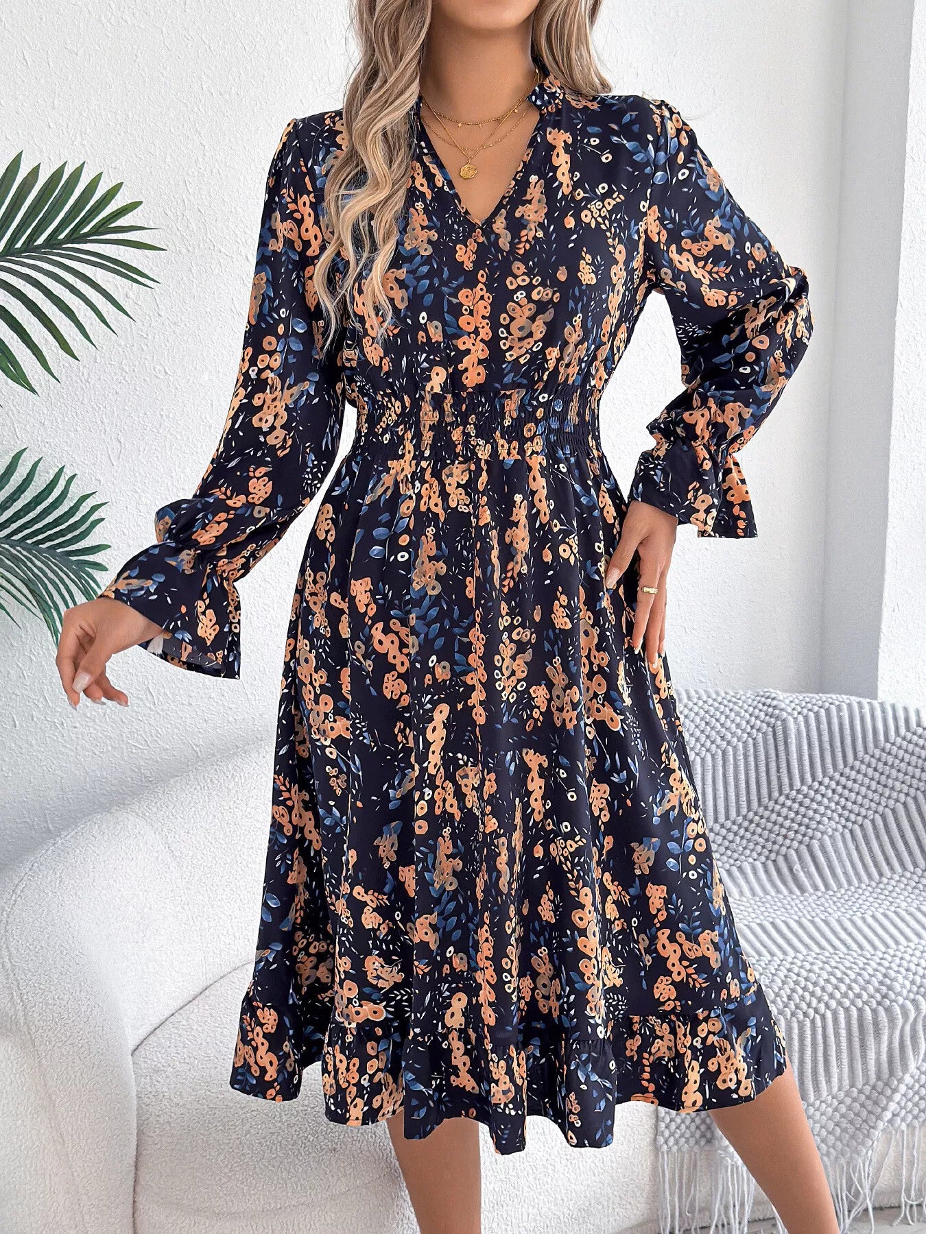 Floral Print Ruffle Hem Flounce Sleeve A-Line Dress