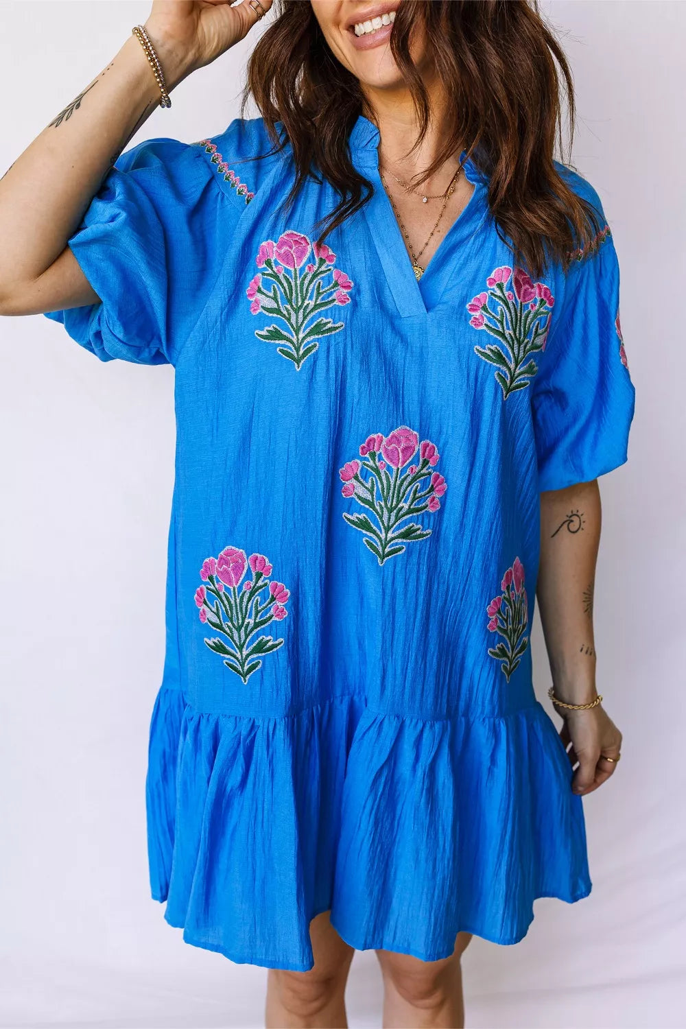 Flower Embroidered Split Neck Short Puff Sleeve Ruffle Hem Dress
