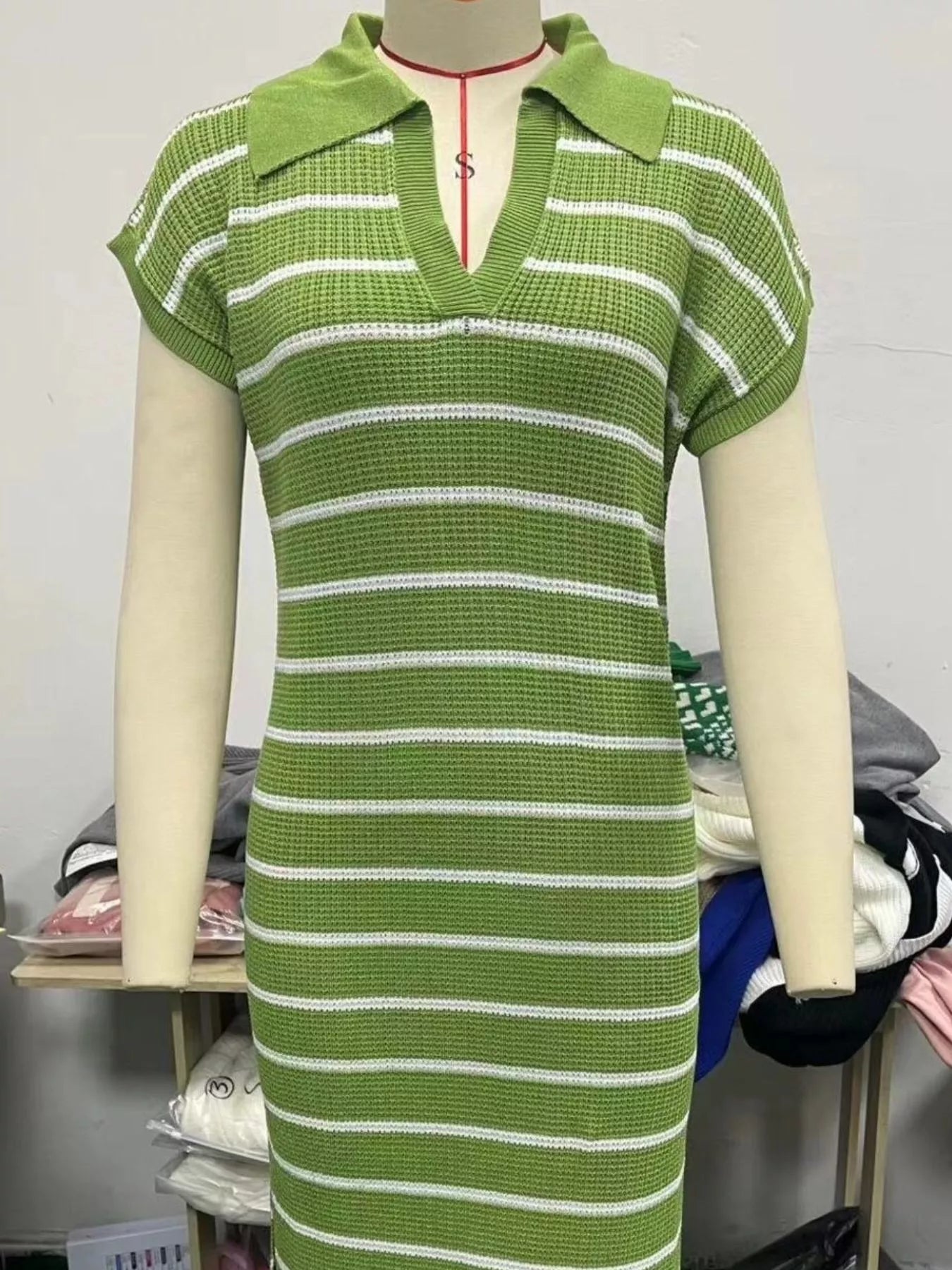 Striped Knit Slit Short Sleeve Midi Dress