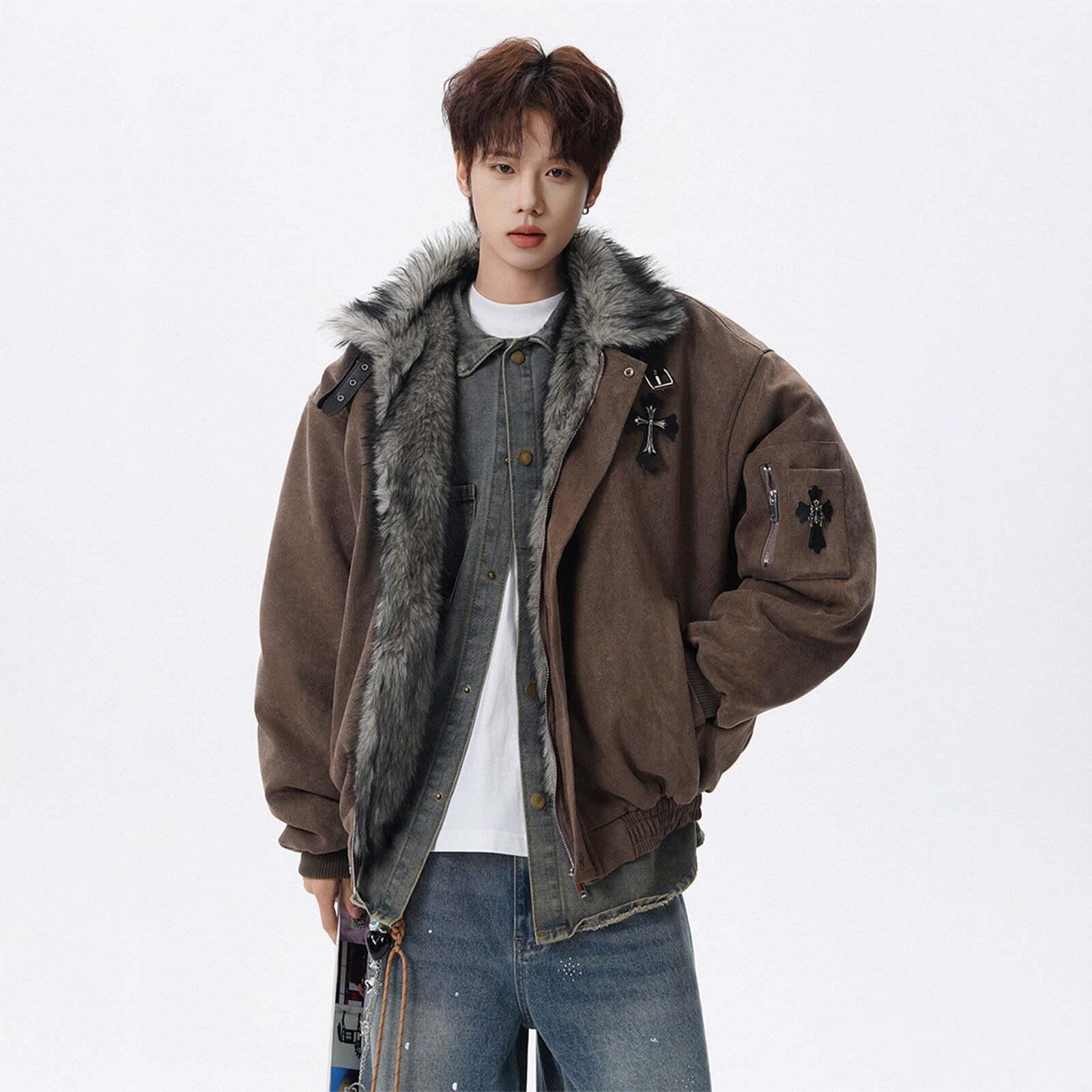 Cross Mountain Eagle Fur-Collar Cotton Coat for Men, Winter Fleece-Lined Thick Warm Cotton Jacket, High-End Style