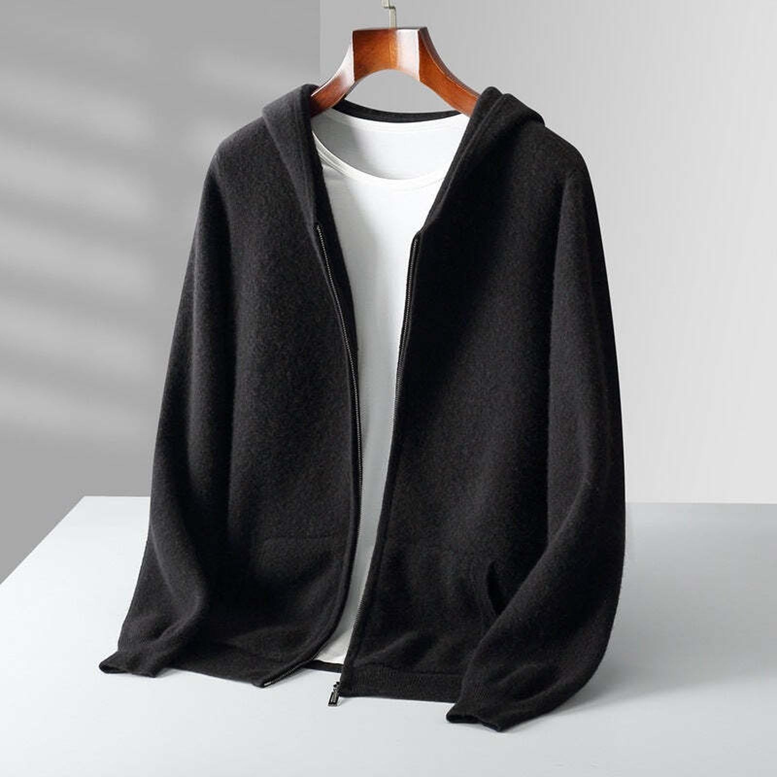 Fall Winter New Cashmere Zip-Up Hooded Sweater Set for Men, Thick Loose Knit Cardigan Jacket
