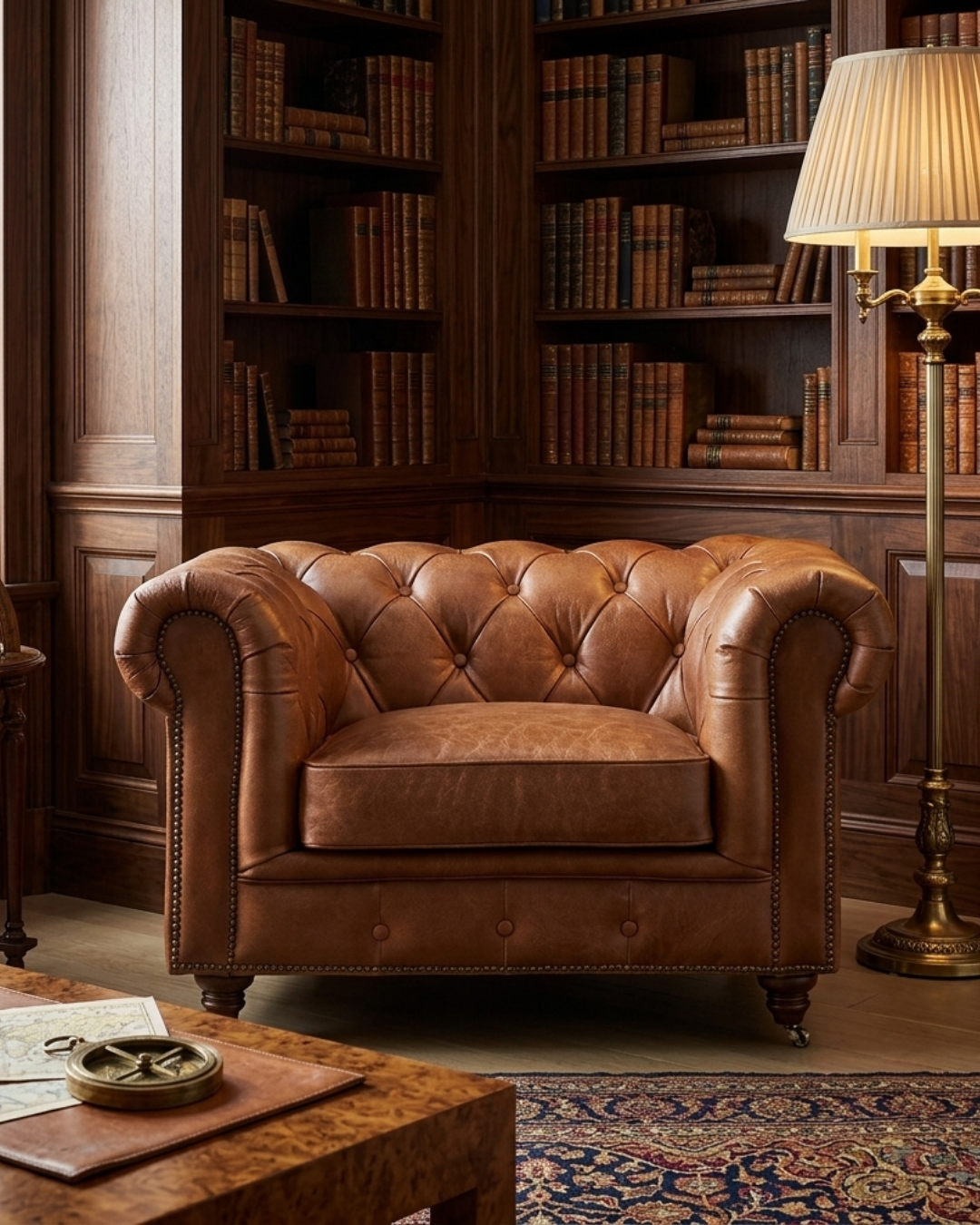 Century Chesterfield Arm Chair - Bark Brown Leather