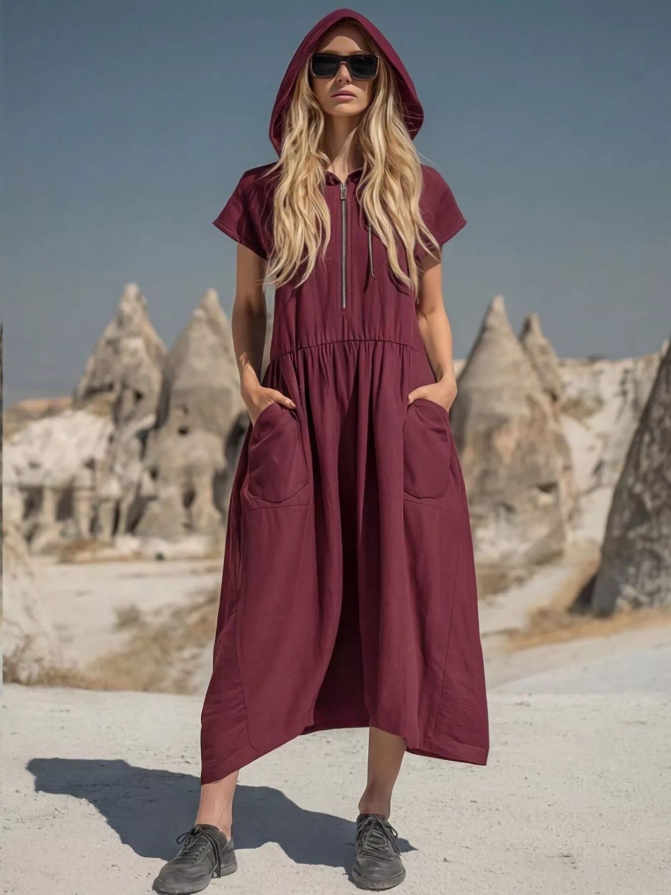 Full Size Hooded Midi Dress with Zipper and Pockets Plus Size