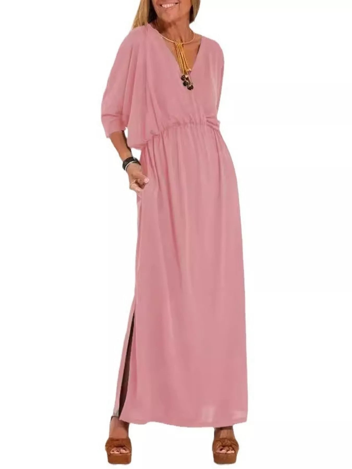 Full Size V-Neck Batwing Sleeve Maxi Dress with Side Slits Plus Size