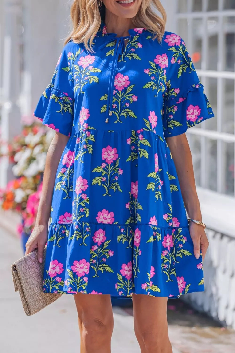 V Neck Short Sleeve Loose Flower Dress