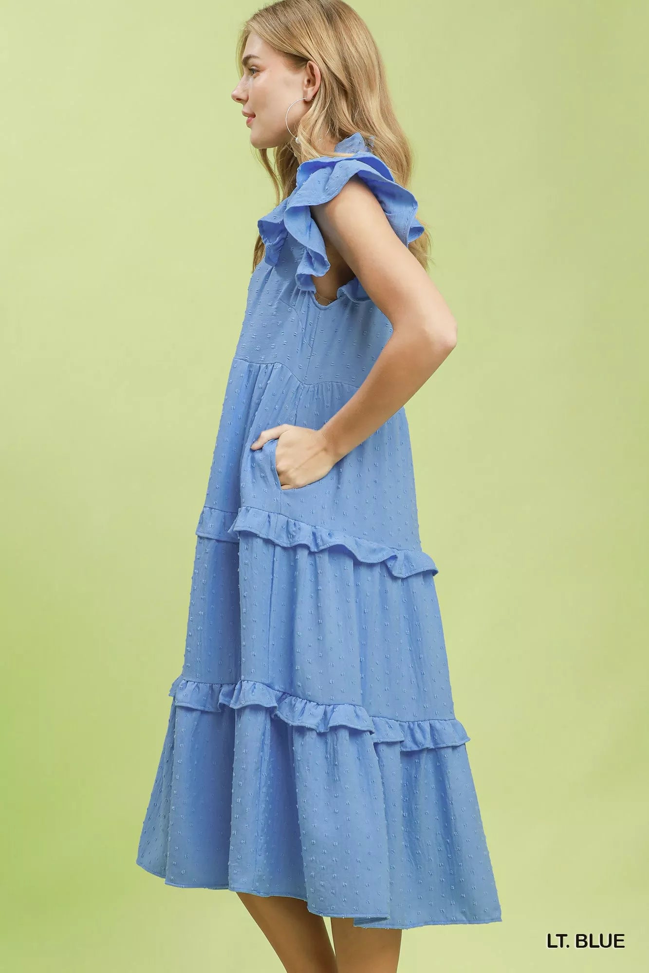 Umgee Textured Ruffle Sleeve Tiered Midi Dress