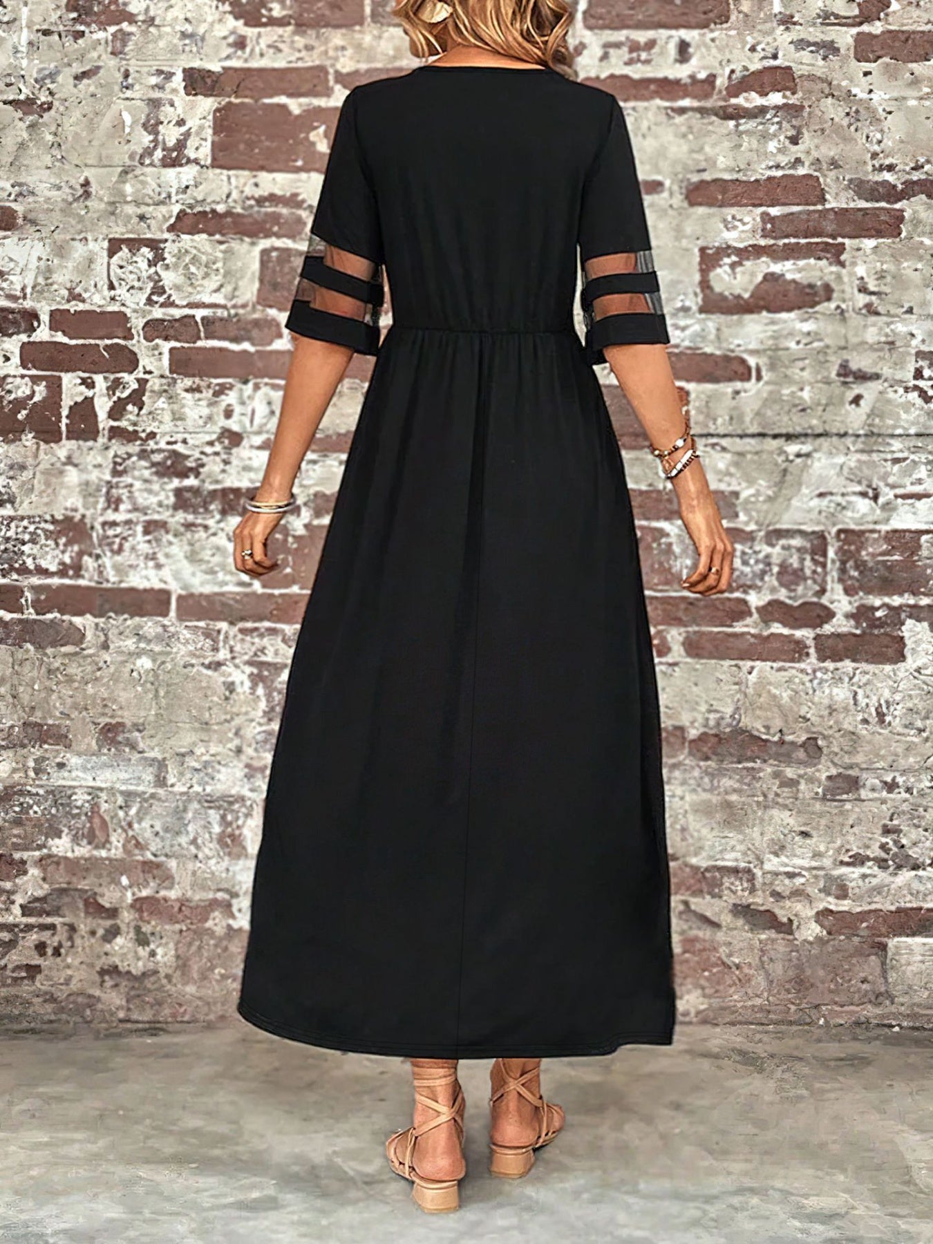 Plus Size Mesh Sleeve Round Neck Dress with Pockets
