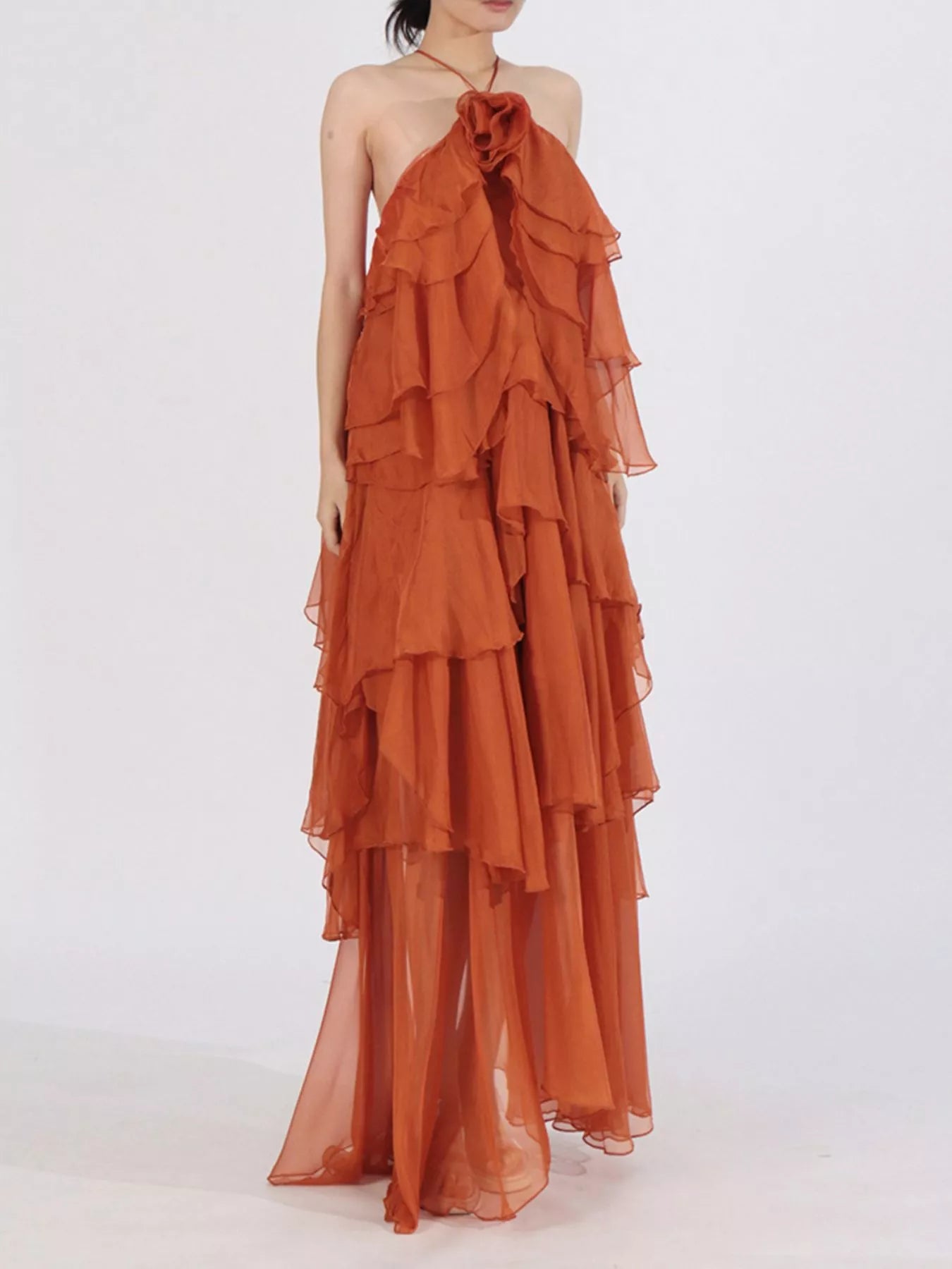 Ruffled Chiffon Halter Neck Maxi Dress