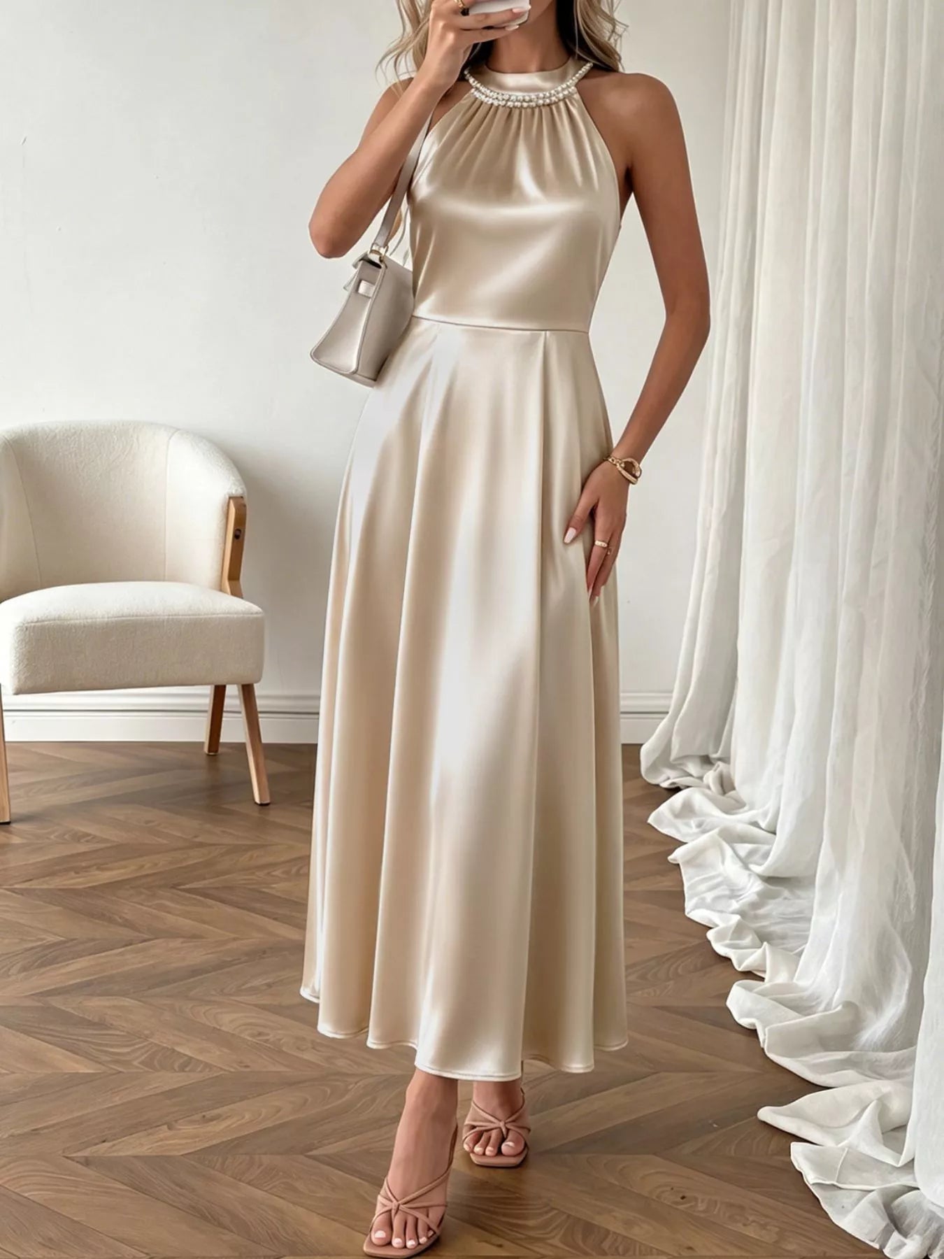 Pearl Halter Satin Midi Dress