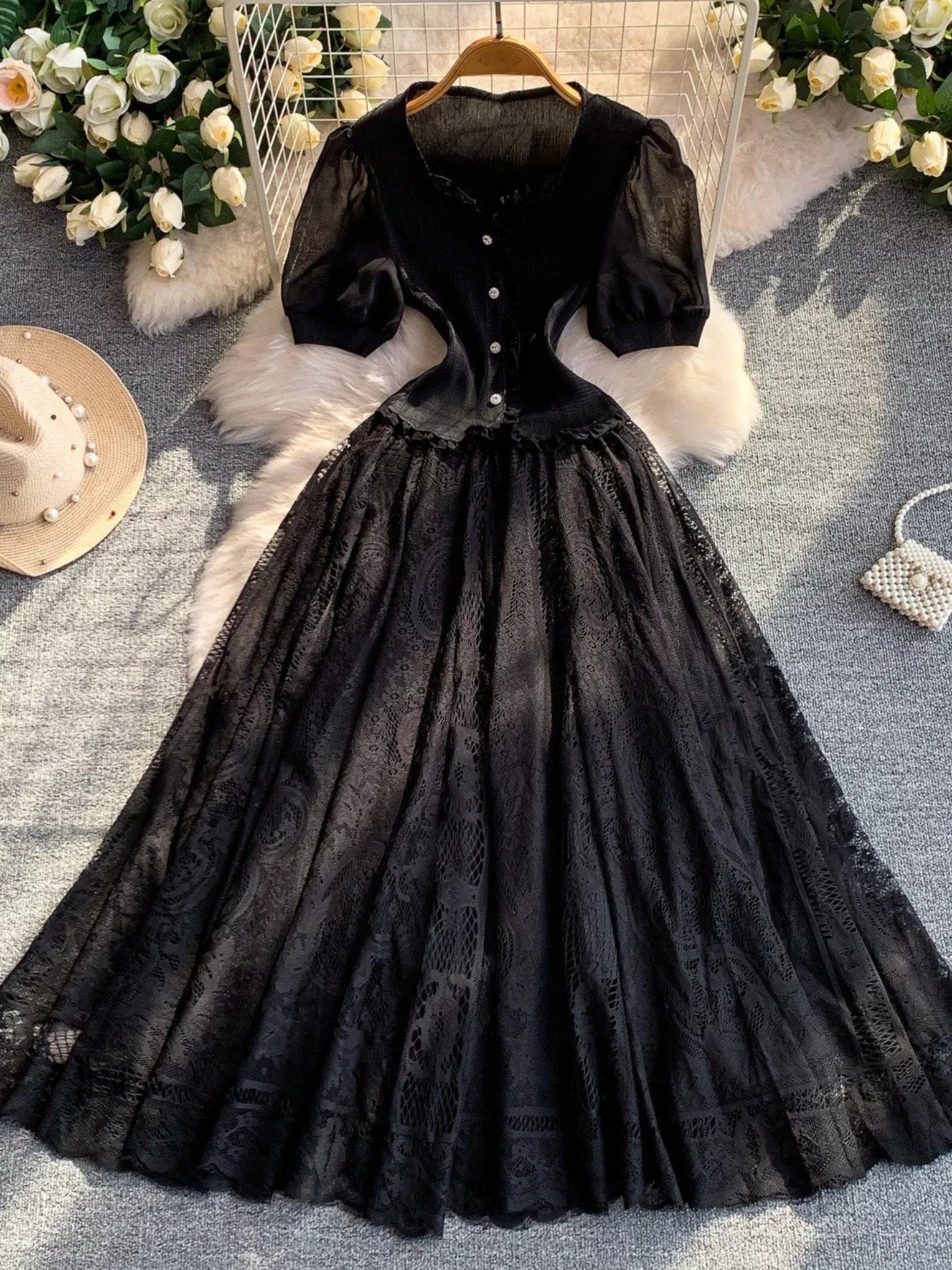 Lace Panel Puff Sleeve Dress