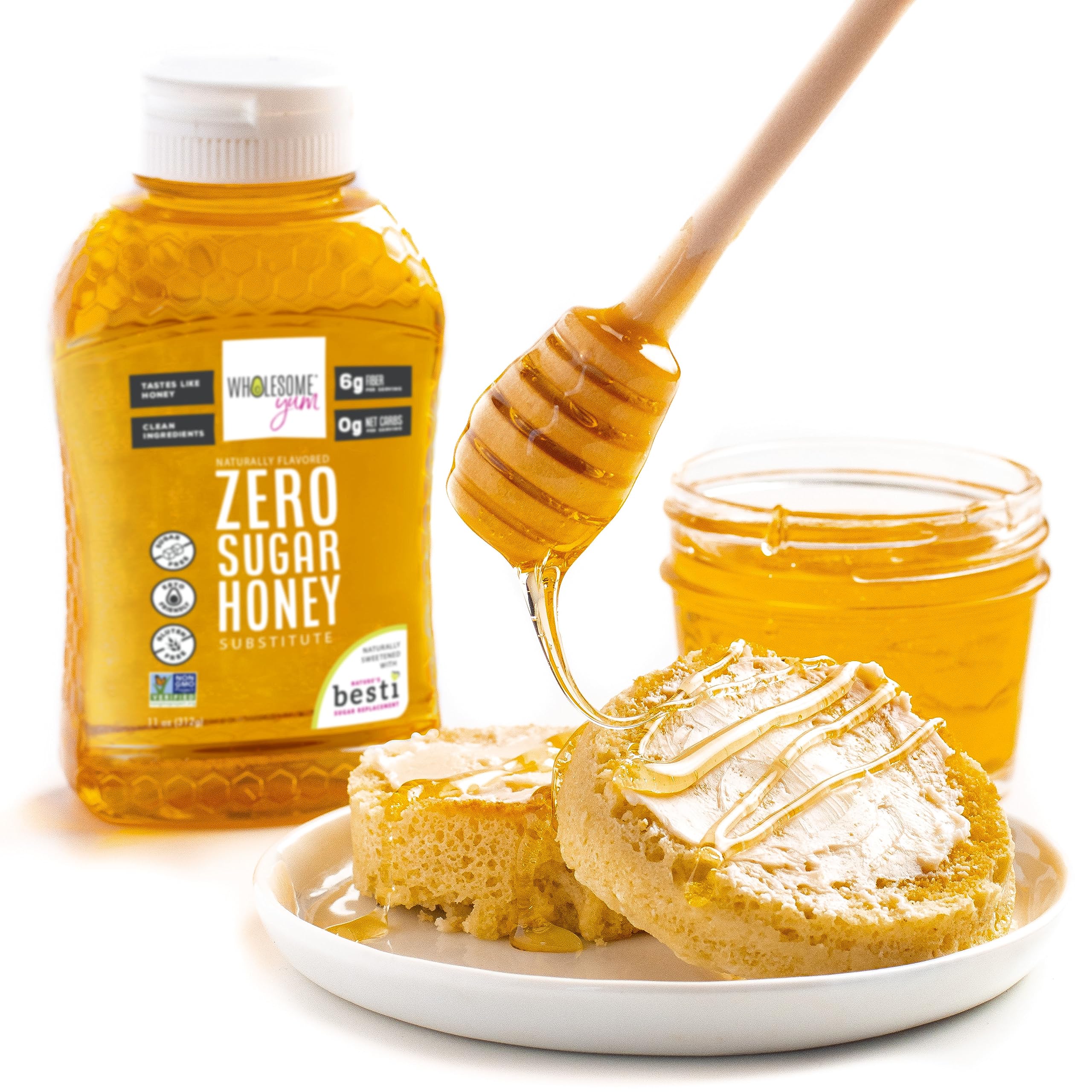 Wholesome Yum Zero Sugar Honey Substitute with Monk Fruit and Allulose, Case of 8, 11 Ounce Bottles