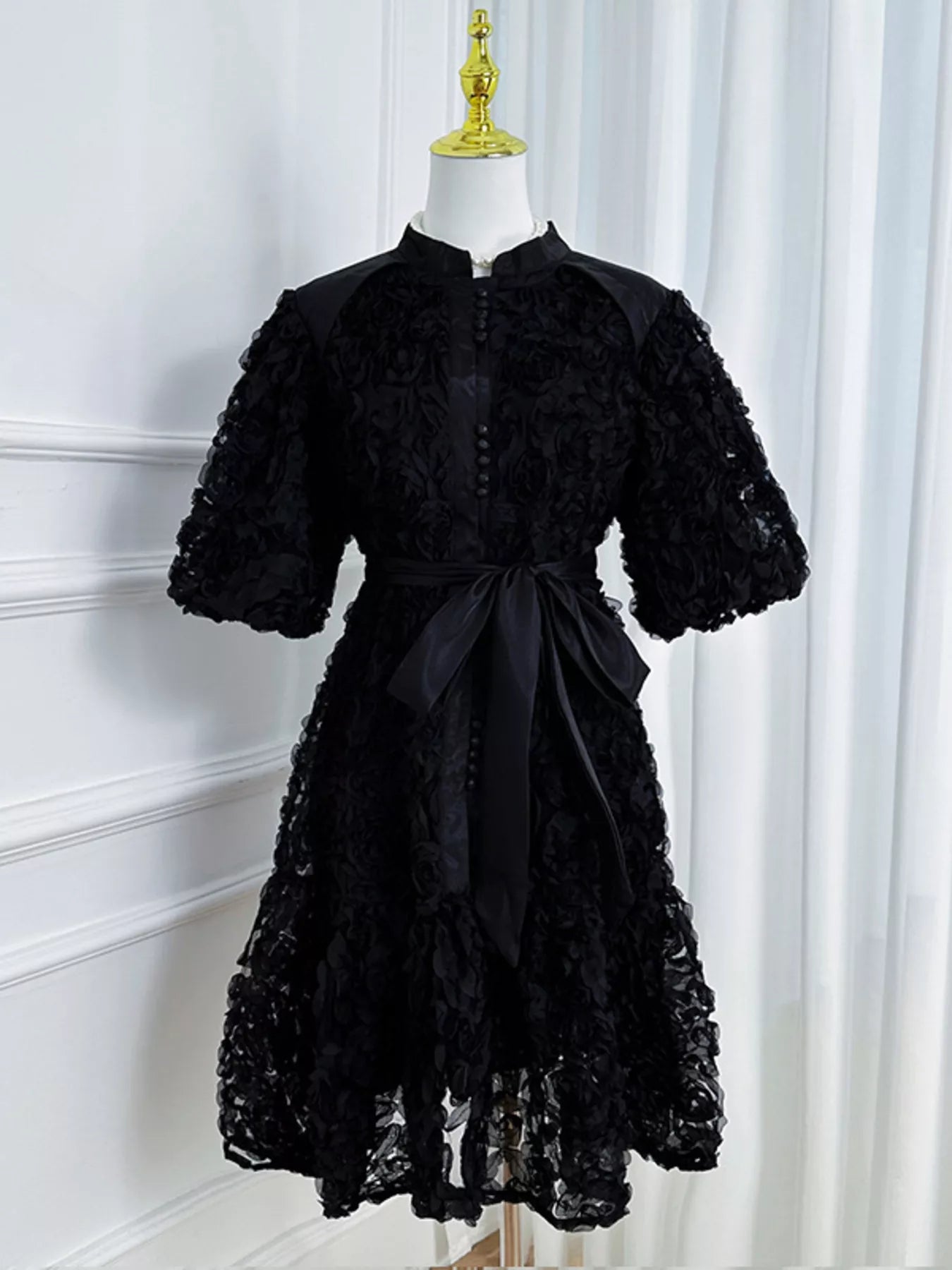 Flower Embellished Puff Sleeve Dress