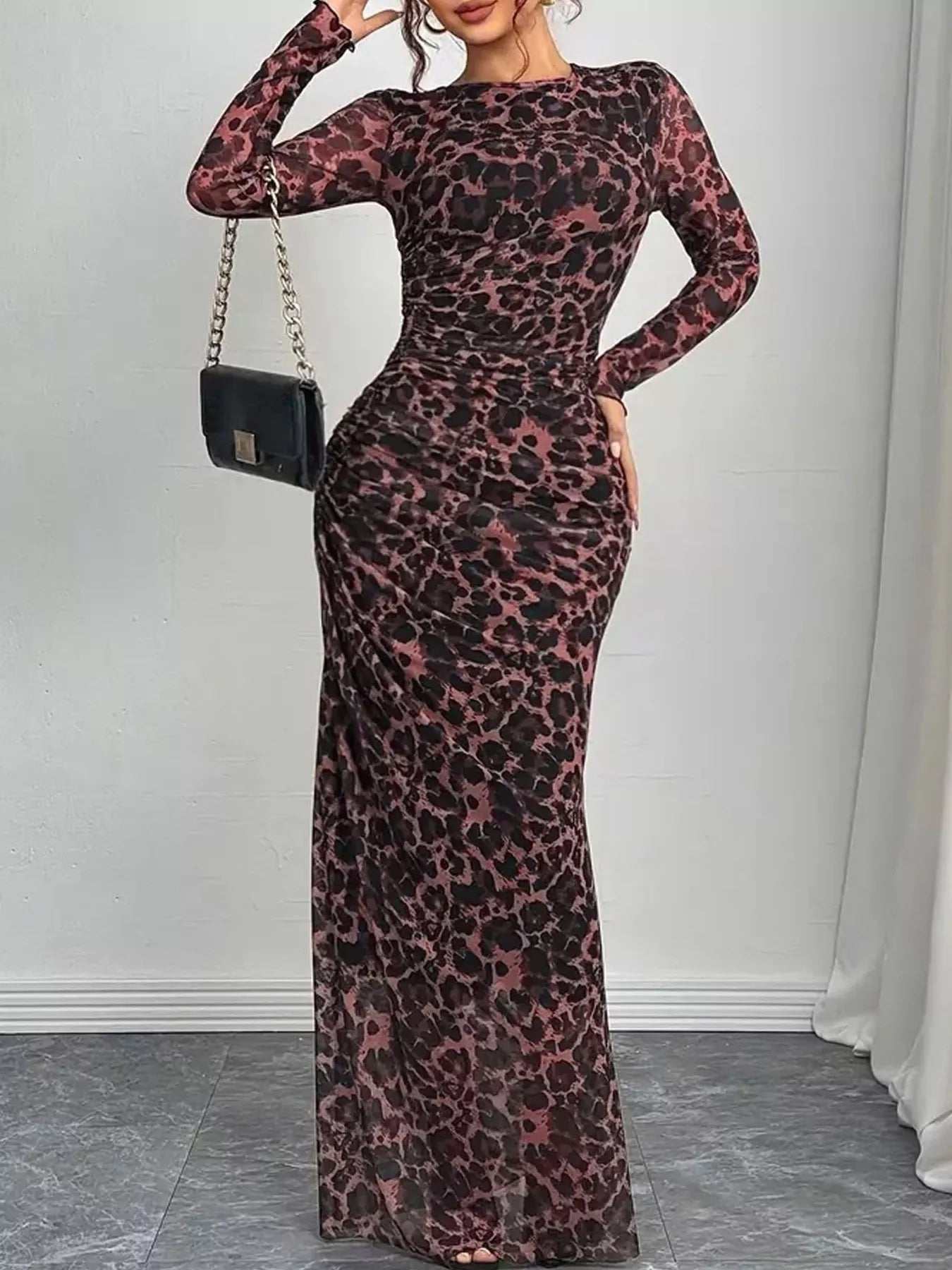 Leopard Ruched Bodycon Maxi Dress