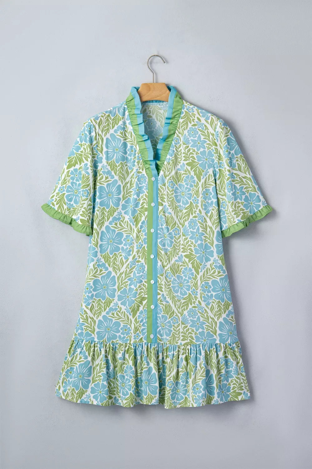 Floral Print Ruffle Hem Button-Up Mini Dress
