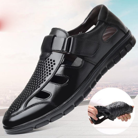 Men's leather sandals summer breathable leather shoes middle-aged and elderly soft soled dad's perforated shoes