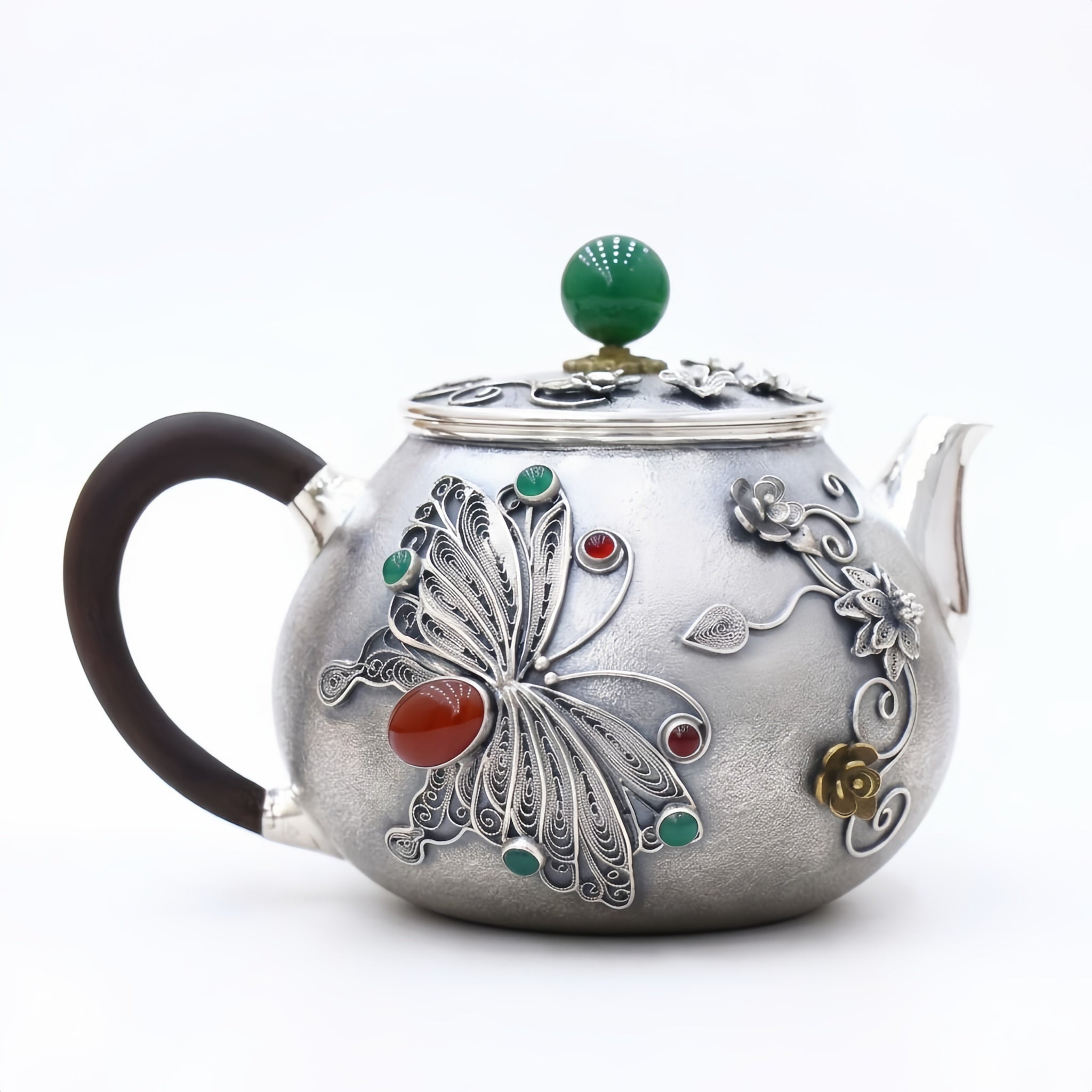 Pure 999 Fine Silver Silver Filigree Teapot with Butterfly Motif and Vibrant Gemstone Embellishments - Handicraft
