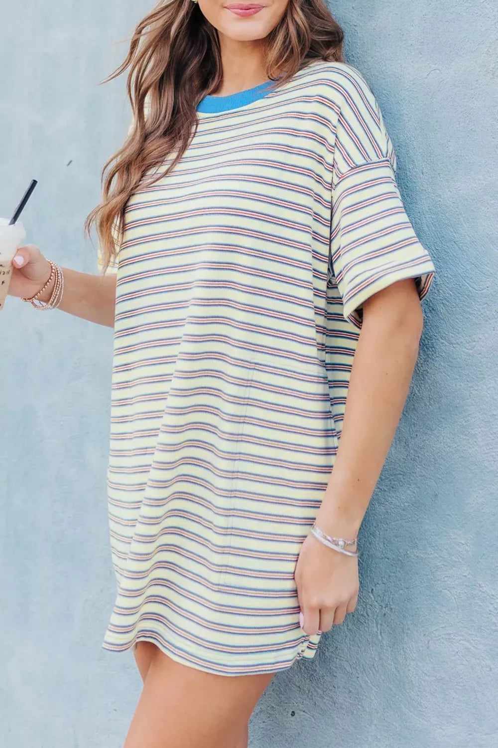 Stripe Drop Shoulder Cuffed Sleeve Loose Tunic T Shirt Mini Dress