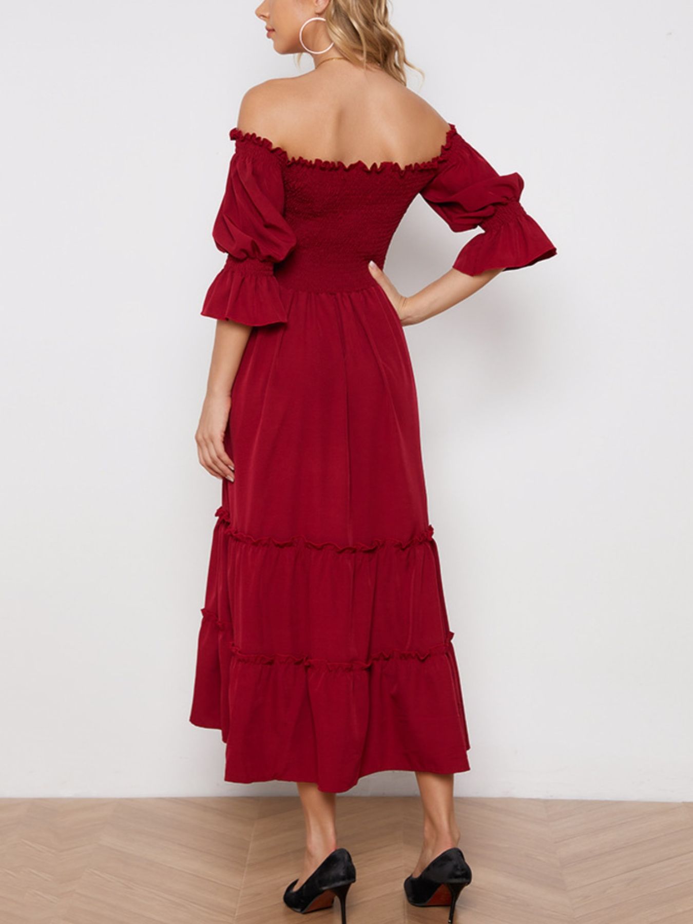 Smocked Off-Shoulder Ruffle Hem Midi Dress