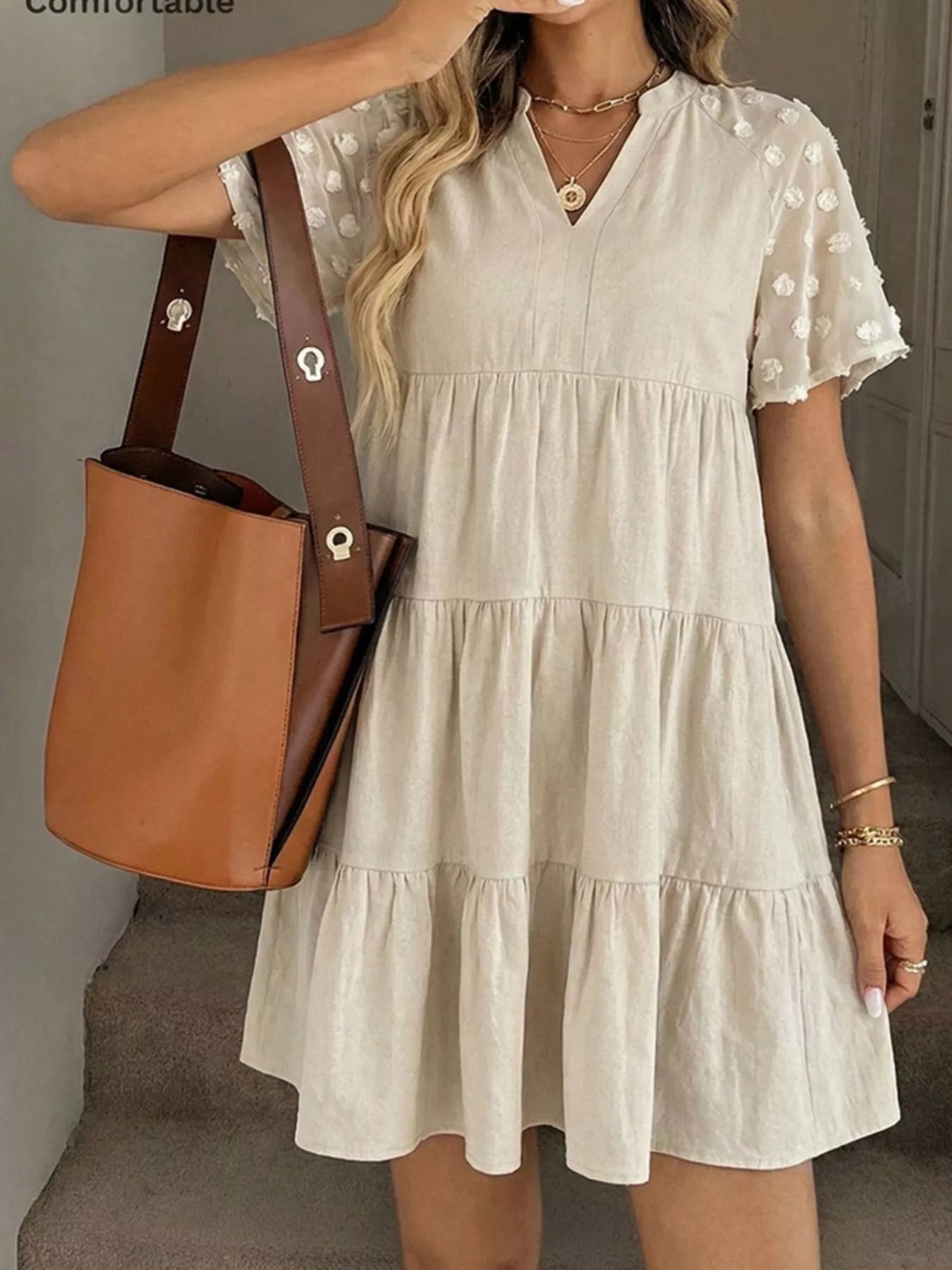 Casual Tiered Mini Dress with Swiss Dot Sleeves