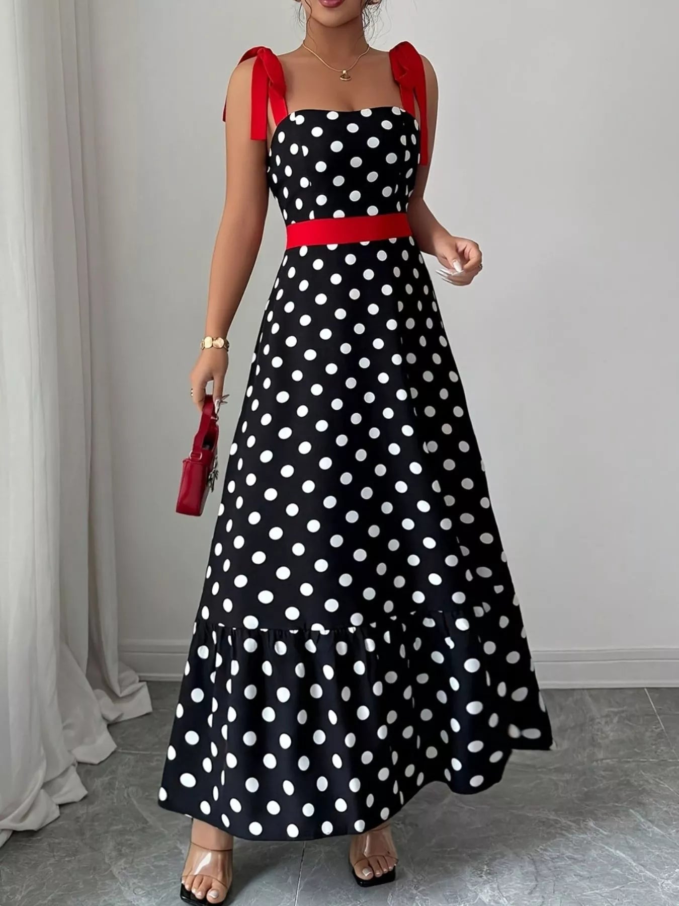 Polka Dot Tie Strap Maxi Dress