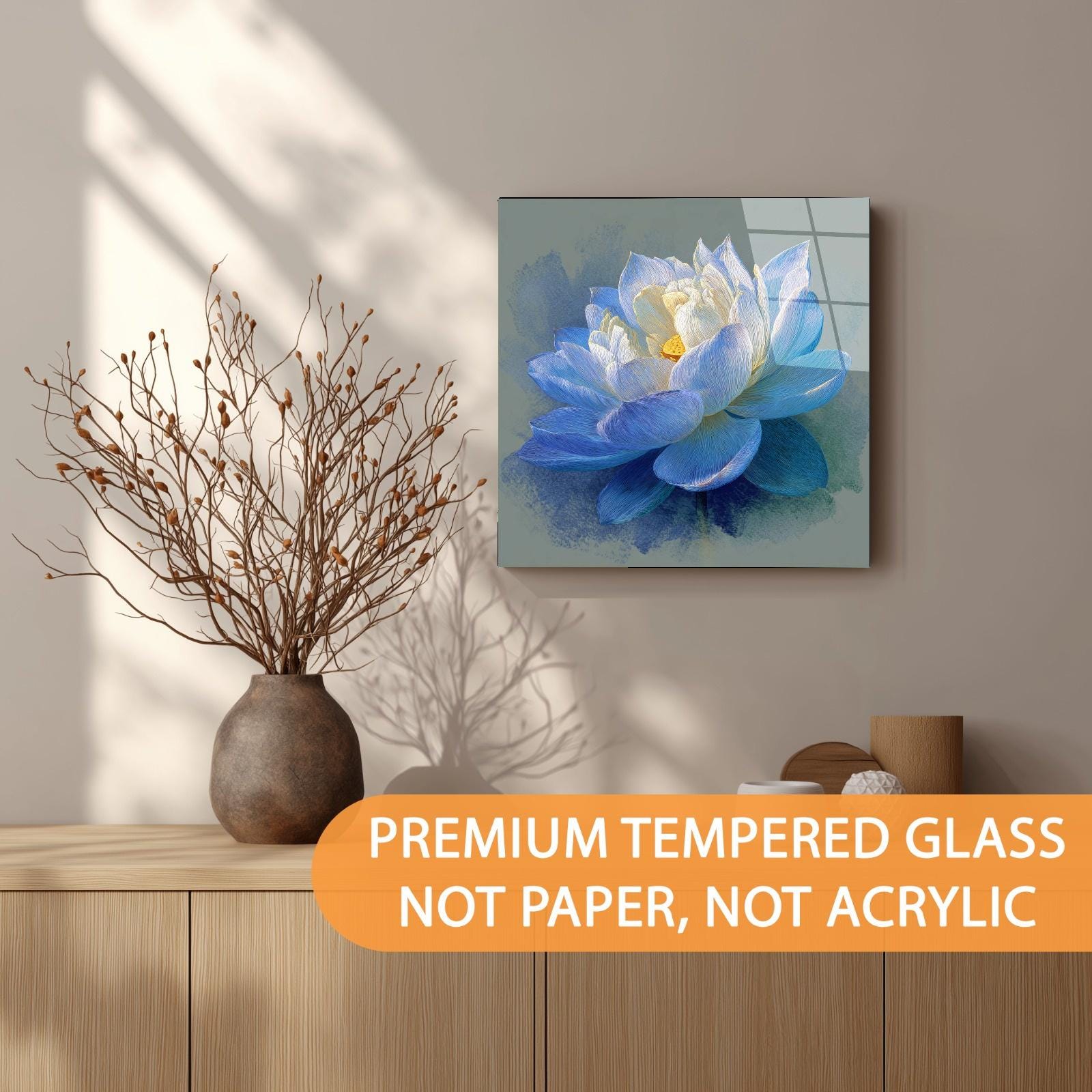 Blue Lotus Tempered Glass Wall Art | Zen Floral Home Decor