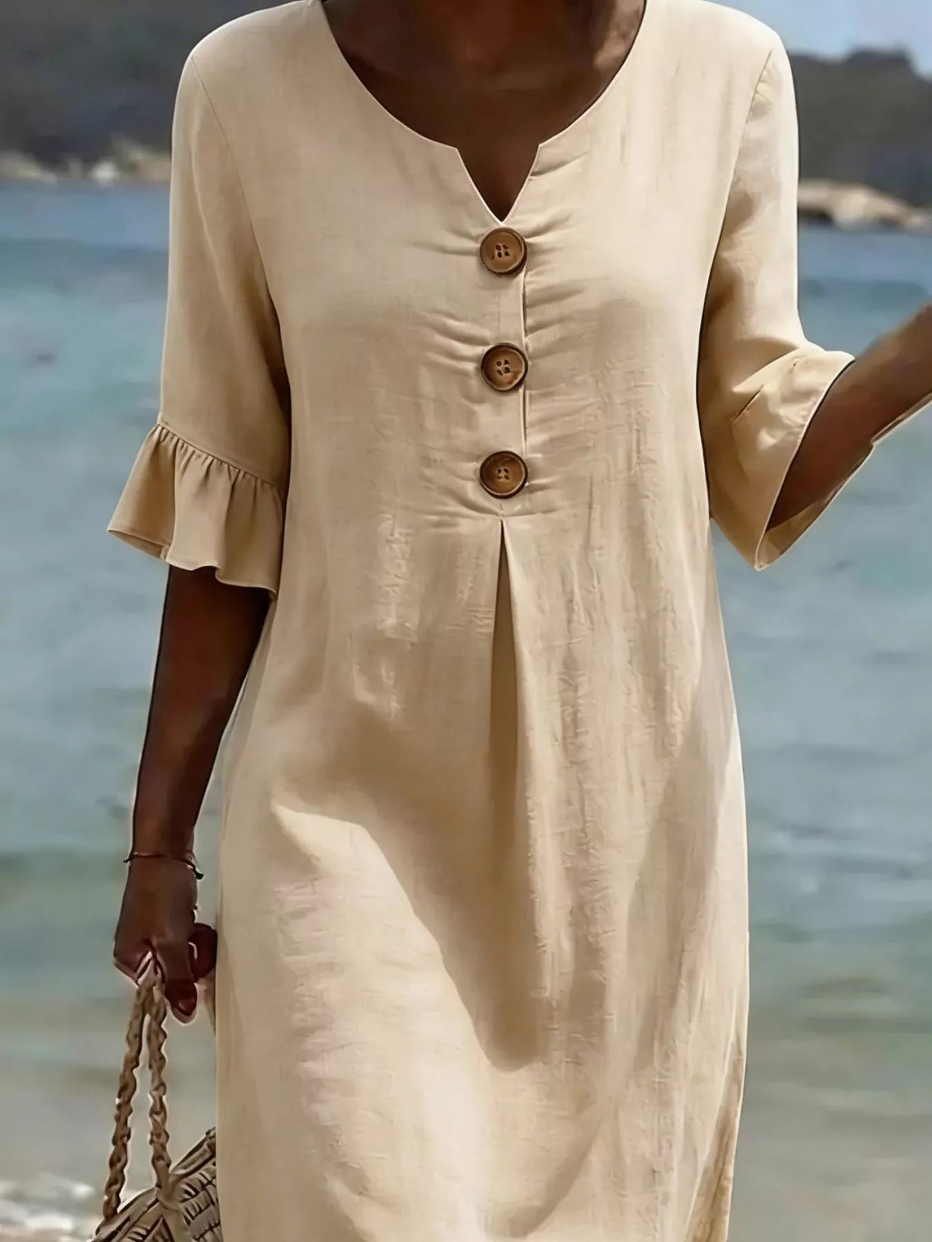 Full Size Button Decor Flounce Sleeve Dress Plus Size